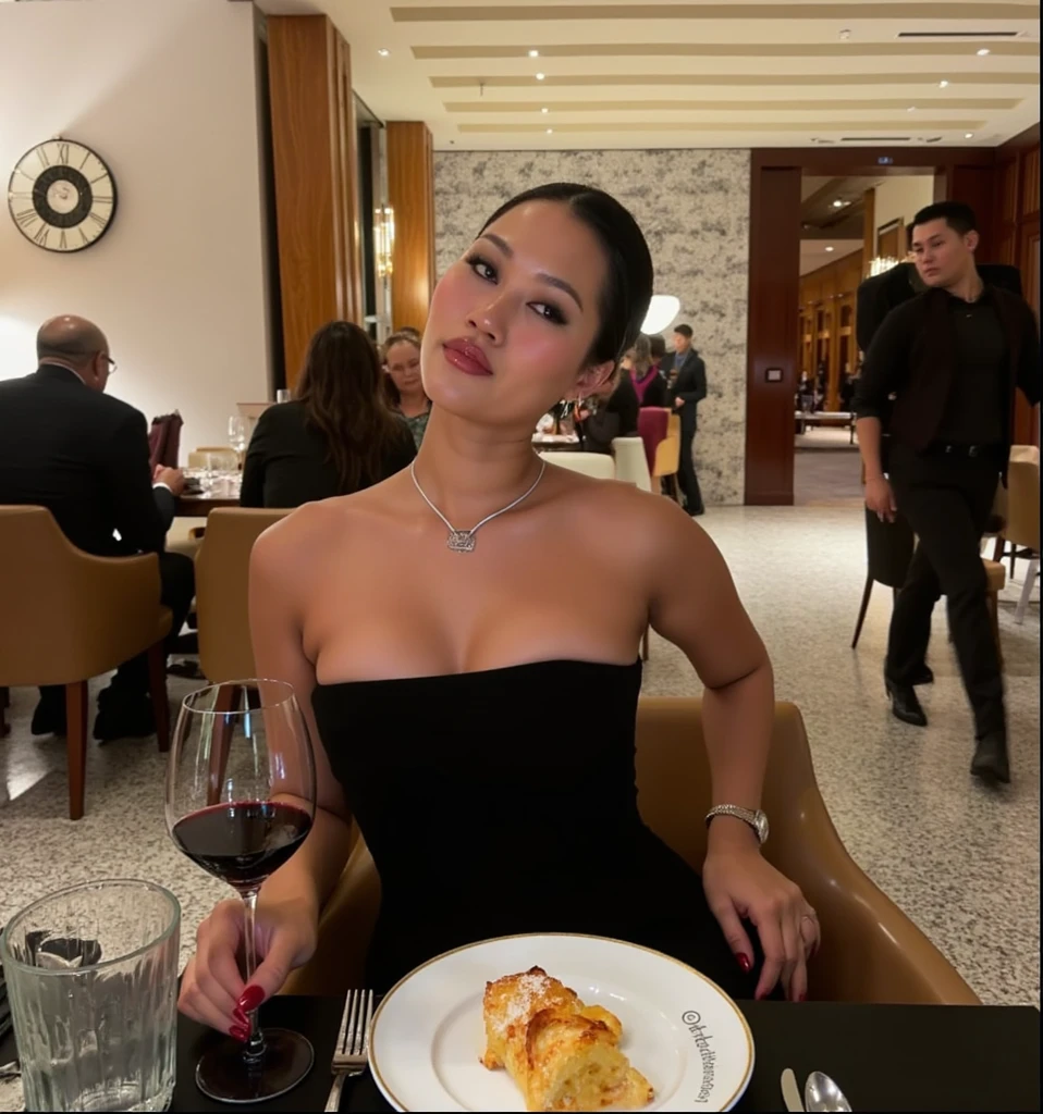 The image depicts a woman in a sophisticated setting, likely a high-end restaurant or dining area. Here are the detailed observations:

1. **Woman**:
   - She is elegantly dressed in a black, strapless gown. Push up bra, generous cleavage. large breasts
  