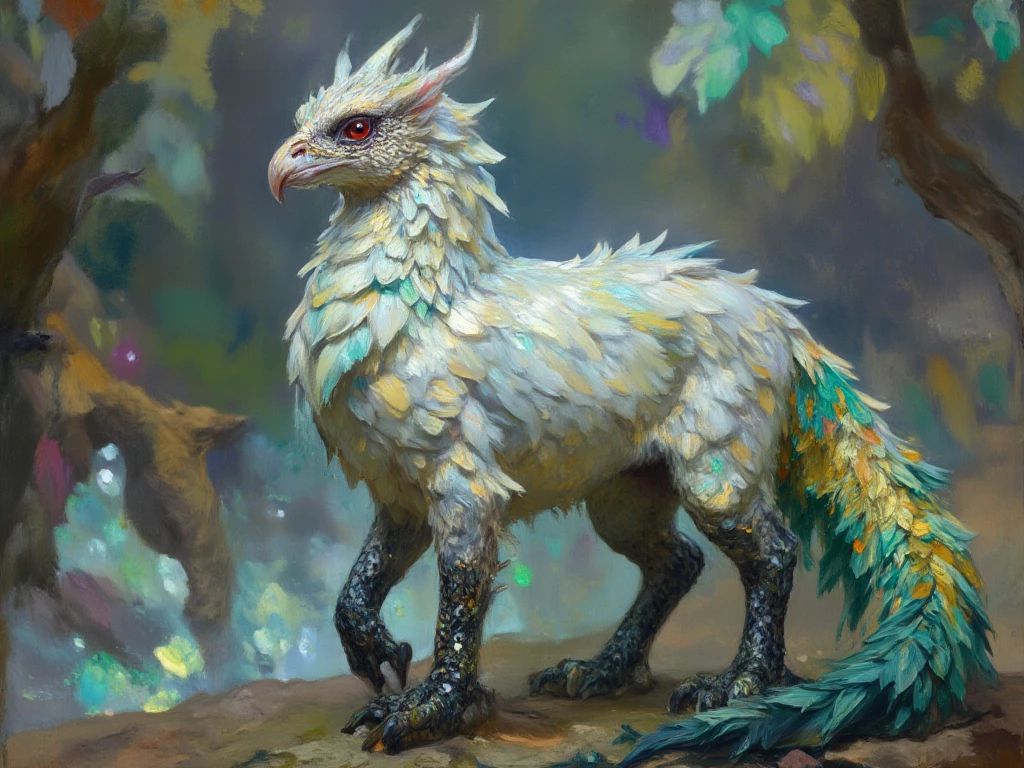 a fantastical creature covered in flat, white feathers that shimmer with iridescent hues in shades of blue and green. This majestic being has a long, flowing tail reminiscent of a pheasant's plumage, displaying vibrant patterns of gold and emerald. Its head resembles that of a dragon, featuring sharp, angular features, deep crimson eyes, and intricate, jewel-like scales along its jawline. The creature's legs are claw-like, ending in sharp, obsidian talons. The background should depict a lush, ethereal landscape with vibrant flora and softly glowing crystals, enhancing the otherworldly nature of this unique being.