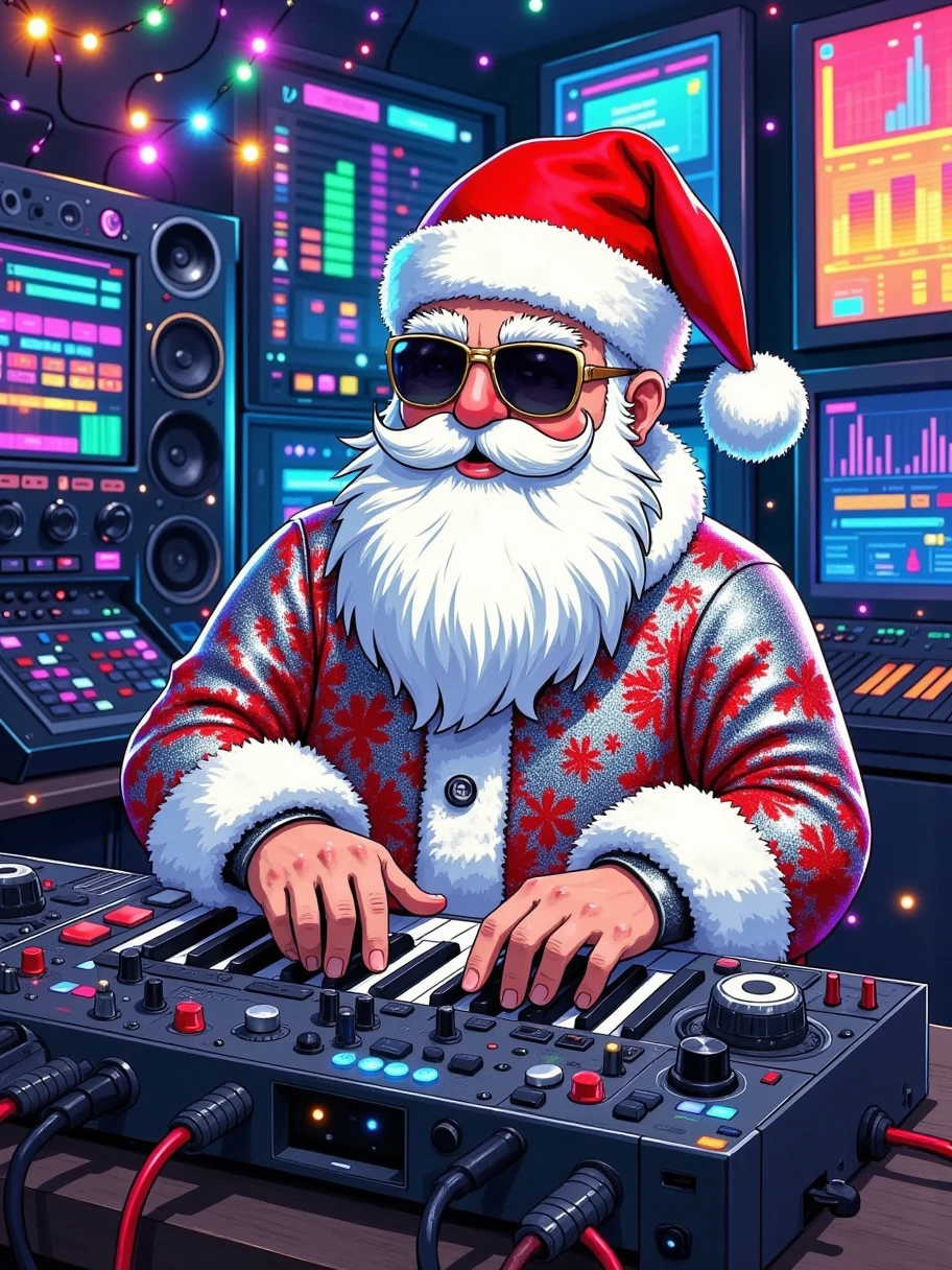 Illustration Art，The art of aesthetics， A festive scene 。 Santa is operating an electronic music synthesizer ， He is wearing a shiny silver costume ， red Christmas hat ， has a white pompom on the top of the hat 。 The background ， and a pair of stylish sunglasses on his face ， that looks both traditional and modern 。
 Shows the brand logo of “BARCO” { x} Santa's white beard and eyebrows are very thick ，Place your hands on the keyboard， The screen 。 The synthesizer has multiple buttons and knobs ， on the screen 。 The screen is covered with various electronic devices and data ， appears to be composing music or performing ， creates a high-tech atmosphere 。
 Combining electronic devices and lighting effects in the background ，Lights flickering，Create a cheerful 、Lively festive atmosphere。 is covered with various electronic devices and the screen ， The entire scene is illuminated by colorful lights and Christmas lights {x} The main character in the picture is a character dressed as Santa {x} gives a feeling of blending modern and traditional holiday elements。