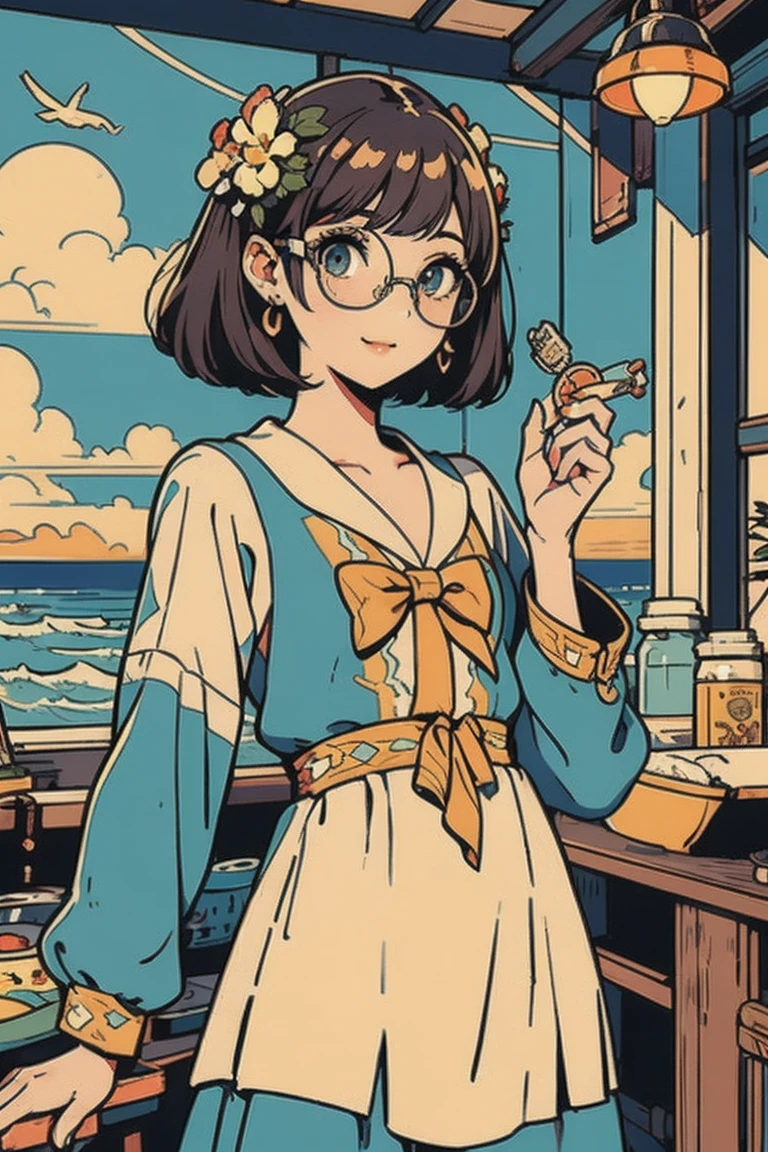 Mucha art style, masterpiece,  top quality ,  One girl ,  perfect eyes,  perfect face, Kuvshinov,  cowboy shot, flat art, flat color, window side with a view of the ocean , , dressed casually, Glasses, happy,smile