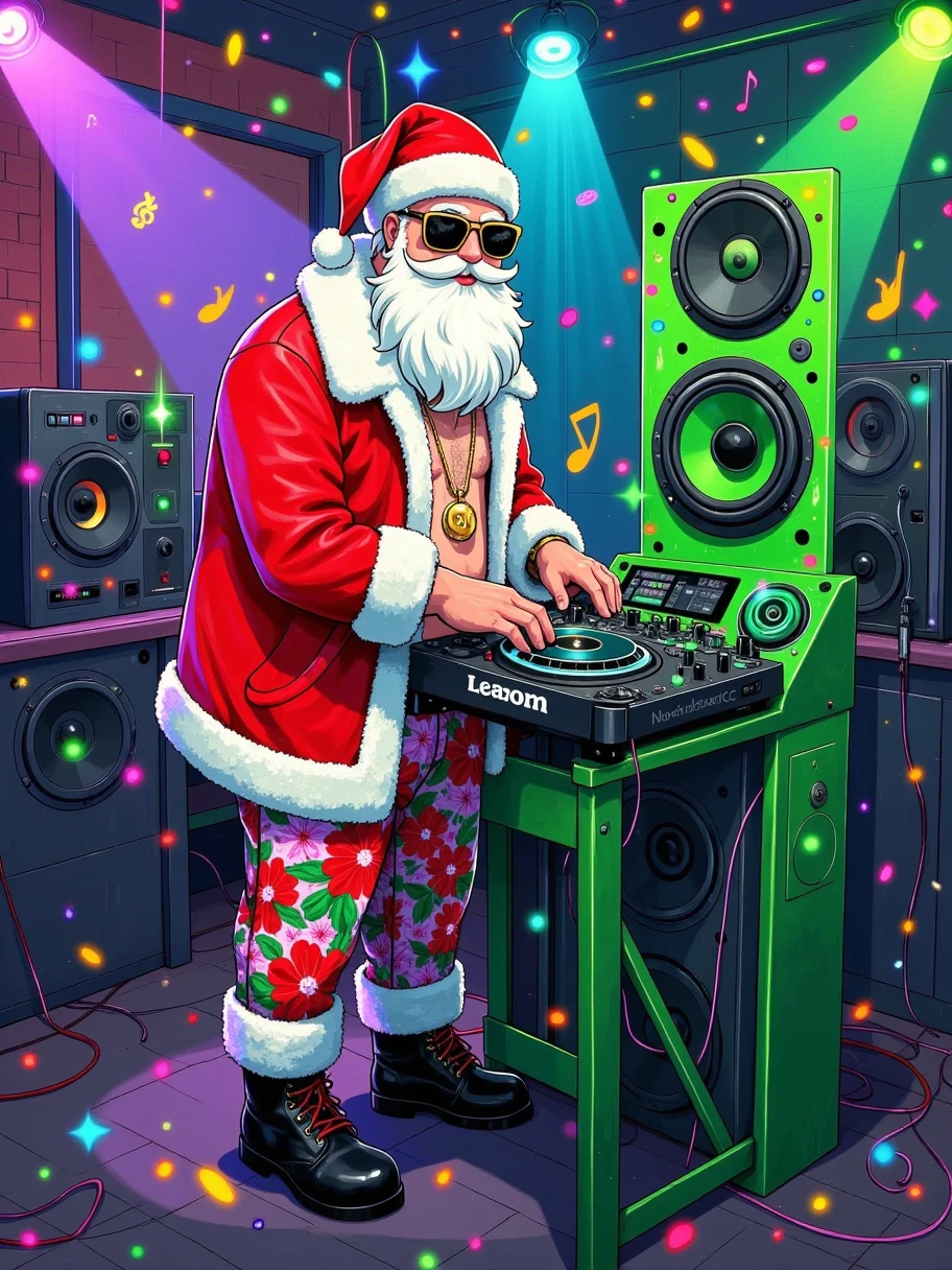 Illustration Art，The art of aesthetics，一幅 full of energy 的酒吧场景。 standing next to a large green speaker ，Wearing cool sunglasses、Red Christmas Hat ， wearing a red and white Christmas jacket ， revealing a golden necklace at the neckline 。 He has a thick white beard ， Yao's DJ backstage ，旁边立着一台green色的大型音响， on the sound 。 people wear Stylish costumes dance to music ， with black boots 。The bar is dimly lit， colored laser light blazing around ， skillfully operates black DJ equipment with both hands 。 Santa wears brightly colored floral patterned pants {x} The wall behind Santa is decorated with stickers and flashing neon lights with various Christmas elements。 with dynamic notes floating in the air ， with colorful lights on the sound 。 in perspective with DJ Dai Ping Qi ，The whole picture is colorful，The red、green、Blue predominantly， full of energy 。