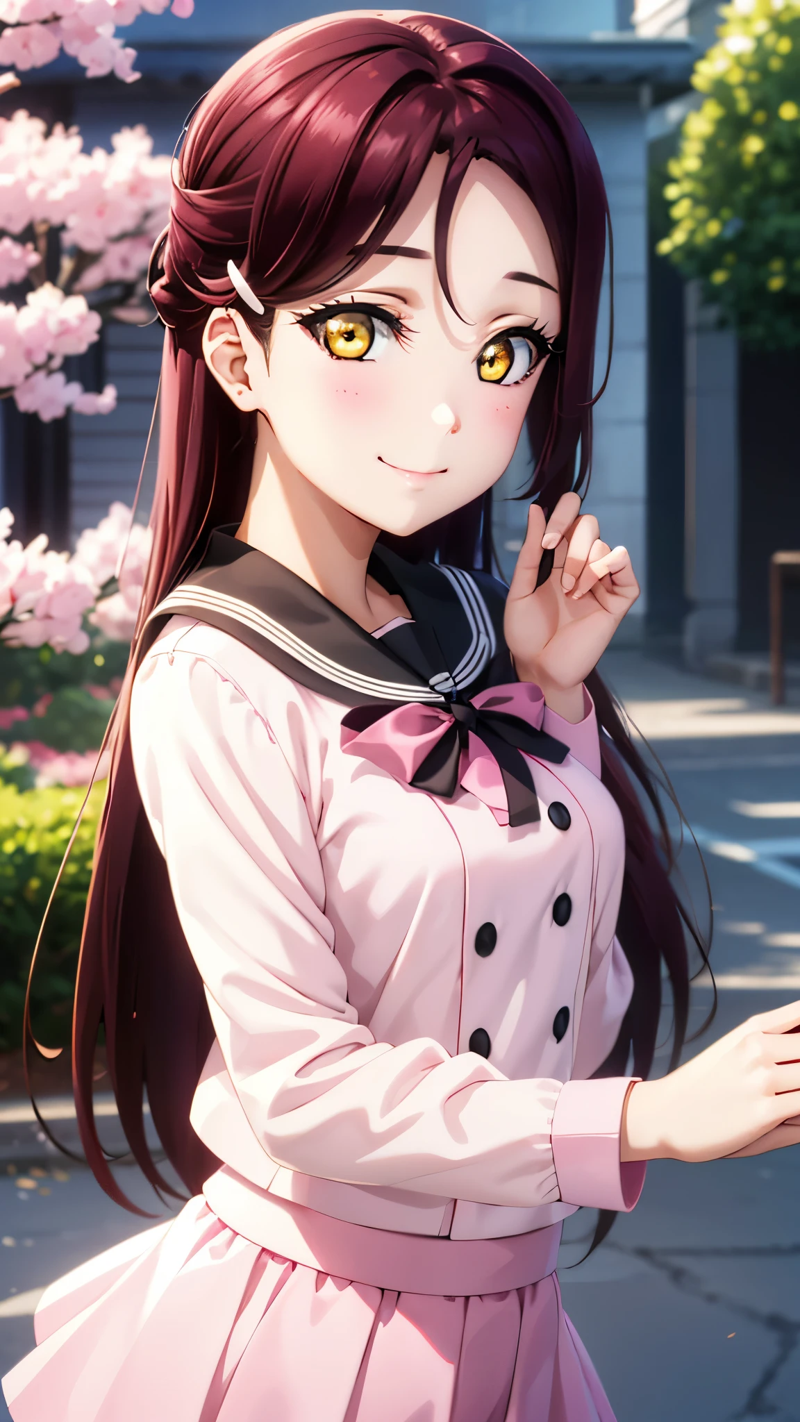 【 Rico Sakrouchi, Riko Sakurauchi, long hair, hair accessory as Kamui , ( yellow eyes:1.3), Red Hair, hair clip,
break skirt, break looking at viewer,
break (masterpiece:1.2), top quality , high res, unity 8k wallpaper, ( illustration:0.8), ( beautiful detailed eyes:1.6), Extremely Exquisite Face , perfect lighting, extremely detailed CG, (perfect hand, Perfect Anatomy), blush, seductive smile , (Pink clothes),クローズアップ, 桜
