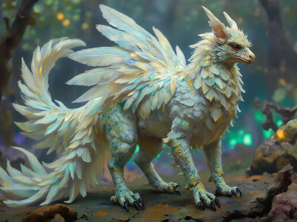 a photorealistic, cinematic image of a fantastical creature covered in flat, white feathers that shimmer with iridescent hues of blue and green. This majestic being has a long, flowing tail reminiscent of a pheasant's plumage, showcasing vibrant patterns of gold and emerald that catch the light. Its head resembles that of a dragon, featuring sharp, angular features, deep crimson eyes, and intricate, jewel-like scales that glisten in the sunlight. The creature's legs are claw-like, ending in sharp, obsidian talons that dig into the earth. The background should depict a lush, ethereal landscape with vibrant, bioluminescent flora and softly glowing crystals, creating a mystical atmosphere that enhances the otherworldly nature of this unique being. Include dramatic lighting to emphasize the creature's majestic presence and add depth to the scene.