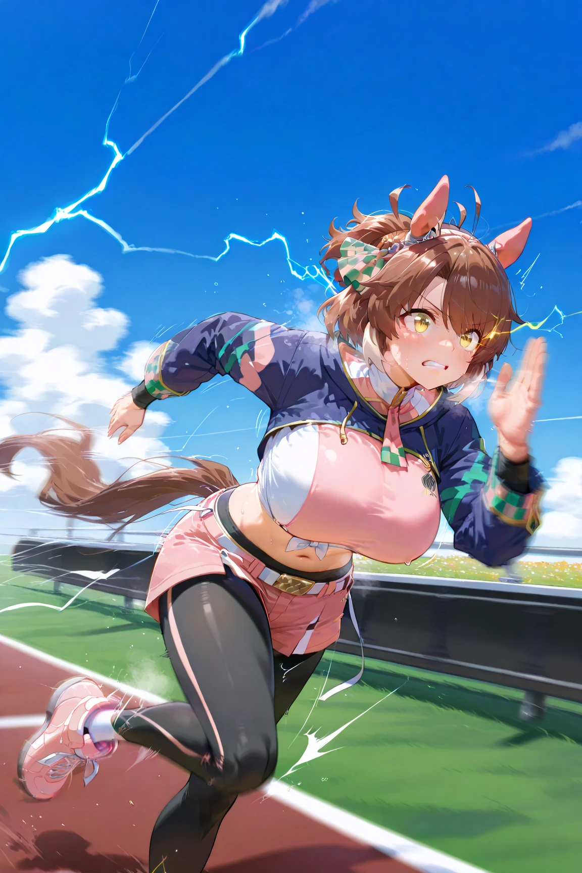 throw, looking away, upper body, 1girl, under the blue sky, Fields of grass and flowers, electricity, face focus, growing eyes, glowing eye trail, made of golden and blue and red and yellow and purple lightning thunder trails, outstretched arm,
lthndrtrl,
1 person, white background, Running, portrait, angry face, closed mouth, clenched teeth, expressive, Expressive, 背のexpensive女性,   One girl , unusually open eyes, dantsu_inflammation\( Uma Musume\), brown hair,   shirt with tie , Horse&#39;s ears,  Pink Sneakers , belly button, whole body, abdomen, Horse's Tail,  pink shorts, expensive, belt,  standing,  Long Sleeve ,  black leggings ,  leg wear under shorts, cropped jacket,  short shorts,  crop top, short ponytail ,  sweated, steamy, motion blur, motion line,
 One girl , Improve, 1 person,  gigantic breast, sagging breast,   huge breasts,  huge breasts,  glowing skin,  score_9_ up,  score_8_ up,  score_7_ up, masterpiece,  is very beautiful,  excited,  vulgar,