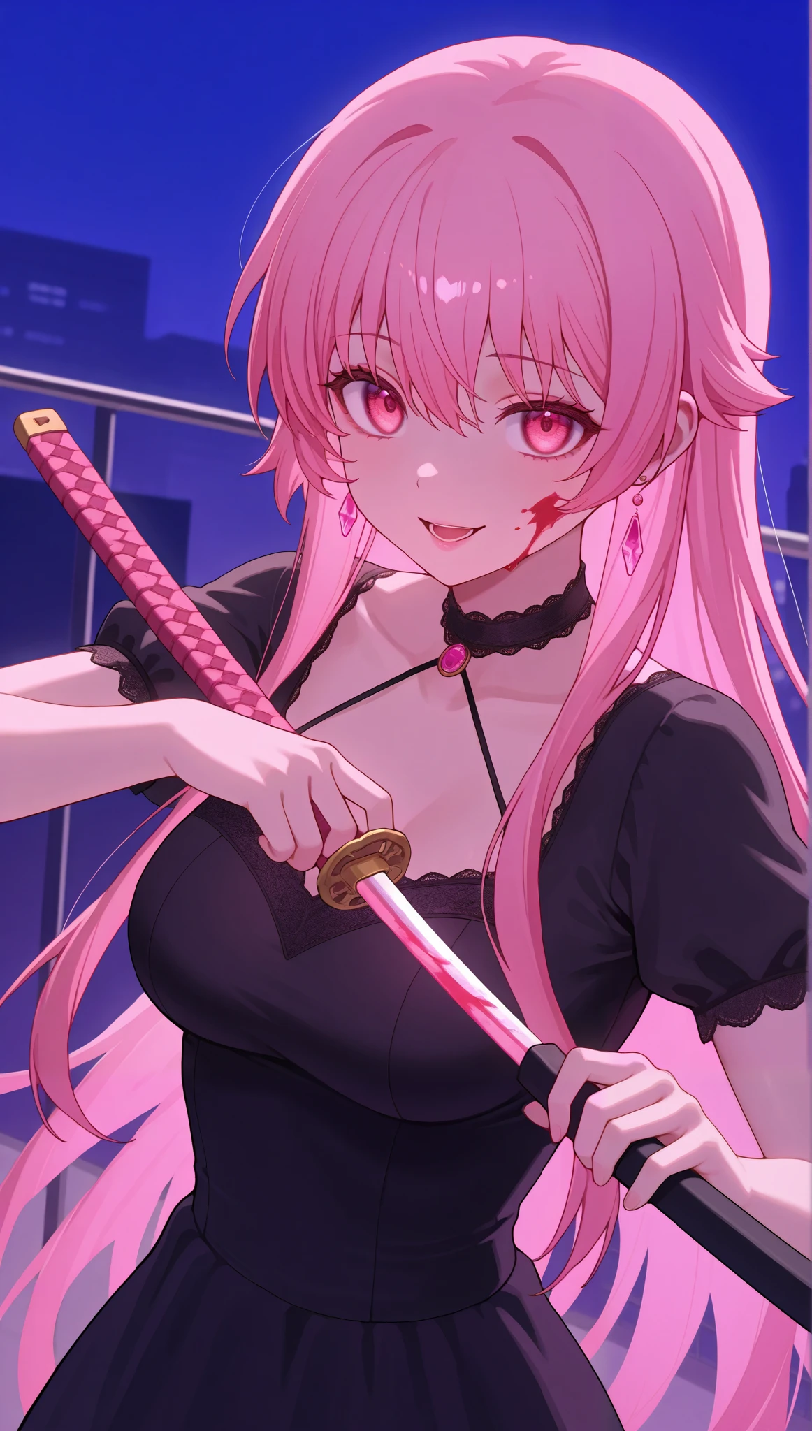 (masterpiece), (portrait), medium breasts (aesthetics), ((1 female 21 years old)), Highlight earrings), ((long hair)), ((Hot crystal pink hair)), ((Yuno Gasai)) straight hair, thin eyes open, cold look, pink eyes, cute, naughty, insane look, crazy smile, lane, woman, feminine, beautiful, female features, top, high quality, aesthetic clothing, professional angle, (rule of thirds), (feminine), , (beautiful) , (female), solo, (Korean attractive), summer, (ink haze), (afternoon), (vibrant light), seductive posture, ((face looking forward))), Yuno Gasai, long black dress, black dress with thin straps, sensual ((Energy, holds katana)), (Bold Makeup), (medium Breasts), Fair Skin, (Clothes with Hip Hop Details), (a hot Yuno Gasai, sculptural body, sexy pose), (Sleep Neckline), Beautiful Hands, Body beautiful, beautiful ears, beautiful eyes, bright eyes, beautiful mouth, beautiful lips, building, blood spatter on the face
