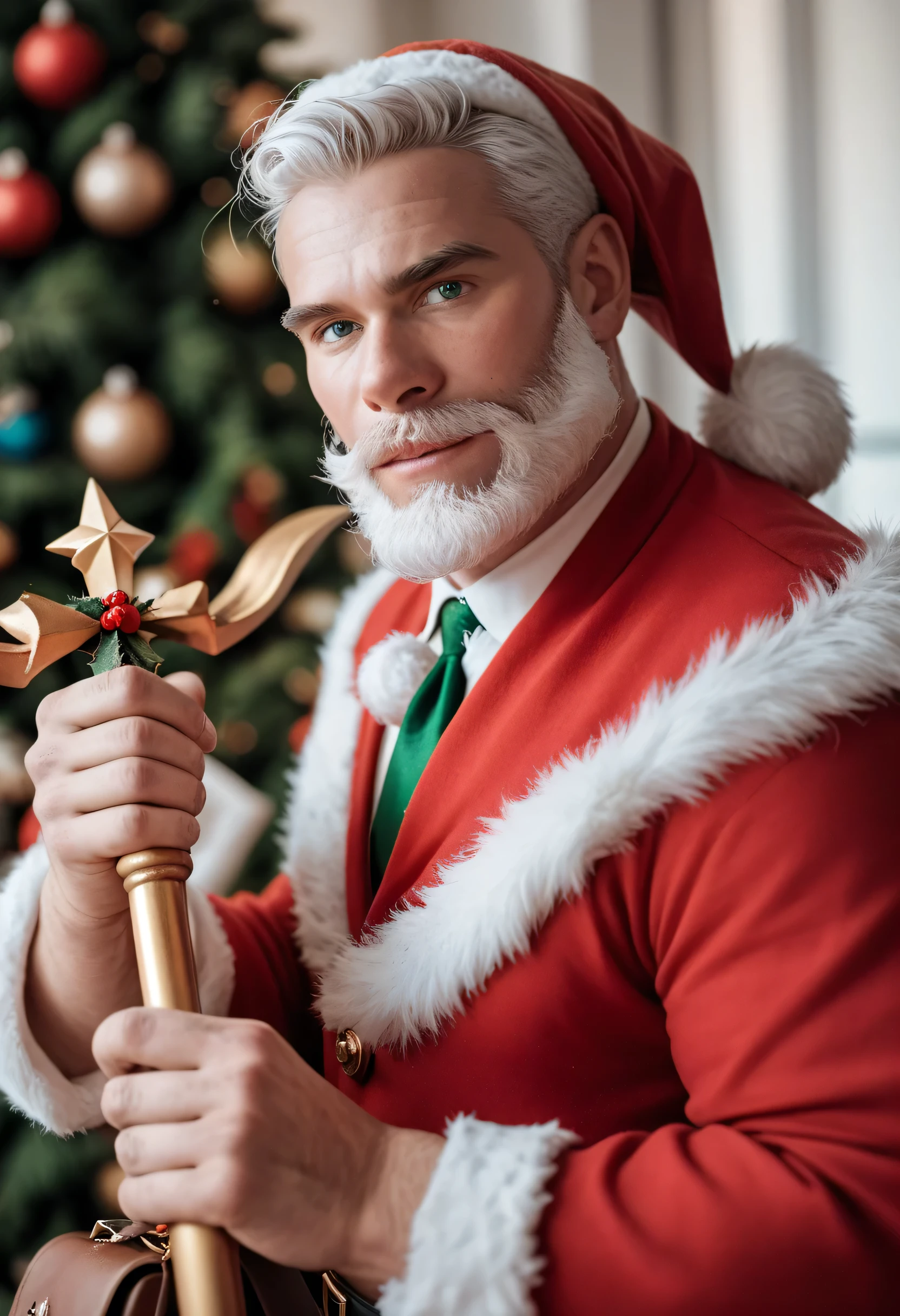 Santa Claus alexmd , , a thick and long white beard , with a cane and a holiday gift bag in hand., Look at the camera, in close range , you can see everything , stands in front of a Christmas tree