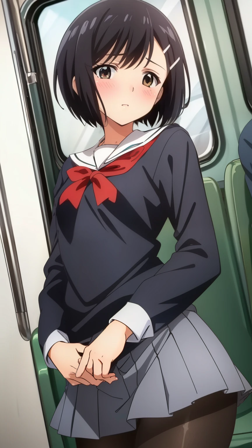 (Top quality, masterpiece, 8k), (anime coloring), Very detailed, very detailed, perfect face, beautiful eyes, perfect eyes, detailed eyes, feature large highlight, detailed face, ultra-detailed, detailed eyes, symmetrical eyes, (dynamic angle), sharp details, tomoe, black hair, black brown eyes, (short:1.3), (small breasts), short hair, hairclip, healthy skin, slim, slim body, (nffsw, white school uniform, pantyhose, on the train), ((blush)), (cowboy shot:1.5), looking at the viewer, in the center of the image