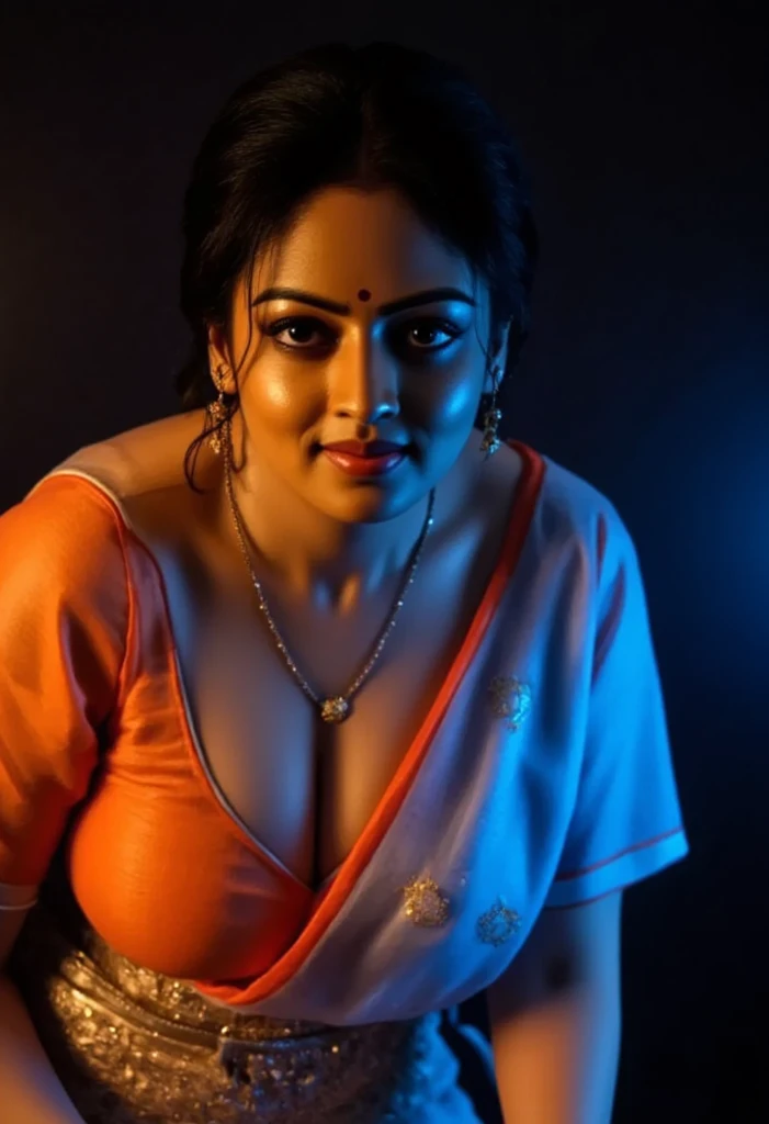 "An Indian woman wearing a traditional Desi-style blouse with intricate embroidery, standing in a dimly lit room with in and leaning forward making a downblouse elegant pose. Two contrasting colored lights, one warm amber and the other cool blue, cascade across her body, creating a dramatic interplay of shadows and highlights. The blouse accentuates traditional Indian craftsmanship, while her confident posture exudes grace and beauty. The background is minimal, emphasizing the ethereal glow of the lights on her skin and attire, evoking a moody and artistic ambiance