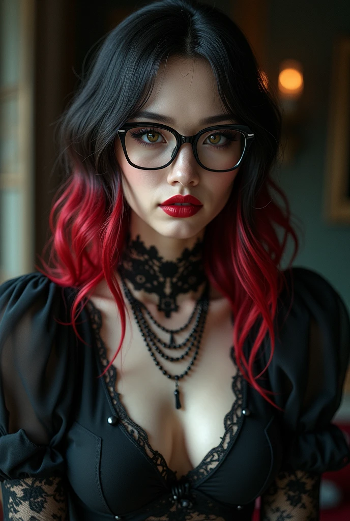 (huge Laughing:0.5), (open mouth:0.4), (wide open eyes:1.2) masterpiece,high quality,4k , goth emo punk scene witch, dramatic makeup of an evil queen, thin round glasses, freckles, absolute babe, long unkempt wavy messy voluminous red hair flowing down her body, one large messy braid, bare shoulder,, many Viking Tattoos on body and arms , slim;, beautiful shoulders and collarbone, jaw structure of someone who works out, wearing wide neck off-shoulder wool knit sweater-dress with bare shoulders, green eyes, in a fancy ballroom of a fantasy castle, fantasy setting, busy ballroom party in a fantasy story, other party goers dancing and partying, night time on a snowy day, golden hour, ((extremely detailed face, mature intelligent gorgeous face)), stockings, wide hips , expression of absolute love and adoration, a lot of jewelry, pretty eye makeup, gorgeous lips , a Viking princess, regal personality, oil painting style, big beautiful eyes looking intelligent looking at camera, 