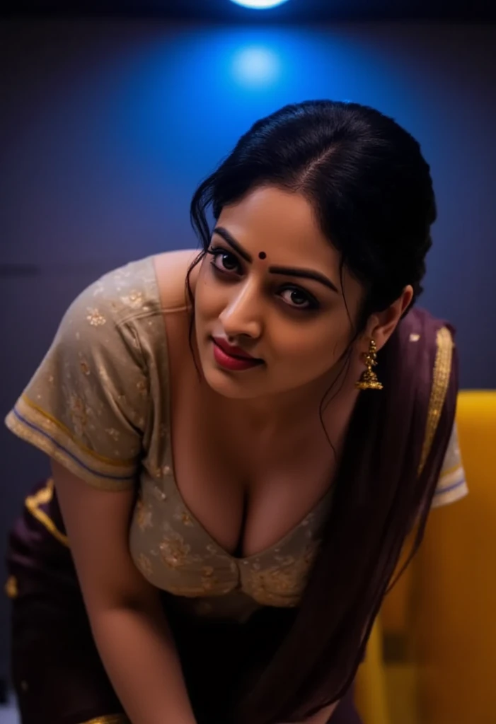 "An Indian woman wearing a traditional Desi-style blouse with intricate embroidery, standing in a dimly lit room with in and leaning forward making a downblouse elegant pose. Two contrasting colored lights, one warm amber and the other cool blue, cascade across her body, creating a dramatic interplay of shadows and highlights. The blouse accentuates traditional Indian craftsmanship, while her confident posture exudes grace and beauty. The background is minimal, emphasizing the ethereal glow of the lights on her skin and attire, evoking a moody and artistic ambiance