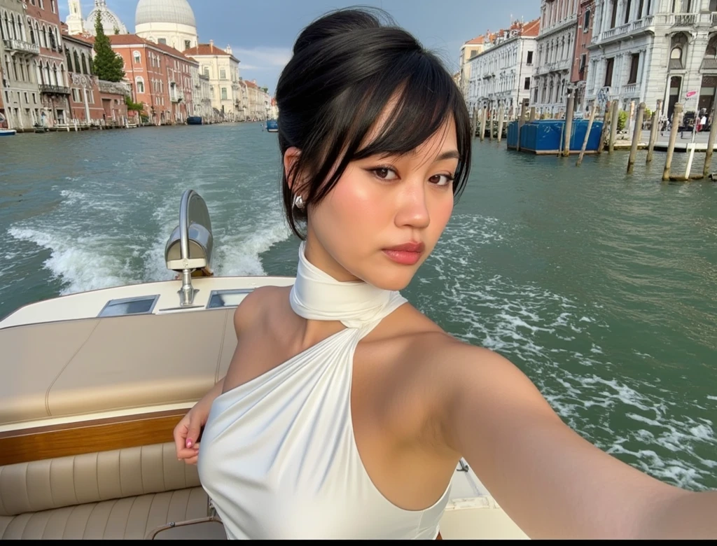 The image shows a young woman taking a selfie on a boat. She is wearing a white, sleeveless dress with a high neckline, and her hair is neatly styled, parted in the middle with a few tendrils framing her face. The background features a scenic view of Venice, Italy. 

Key features of the background include:
- A canal with greenish water, typical of Venice's waterways.
- Historic buildings with classic Venetian architecture, including arched windows and decorative facades.
- The dome of what appears to be the Basilica di Santa Maria della Salute, which is a prominent landmark in Venice, is visible in the background.
- The boat she is on has leather seating and chrome-finish details, suggesting it might be a private or leisure watercraft.

Overall, the setting and her attire suggest a leisurely or vacation-like atmosphere. large breasts