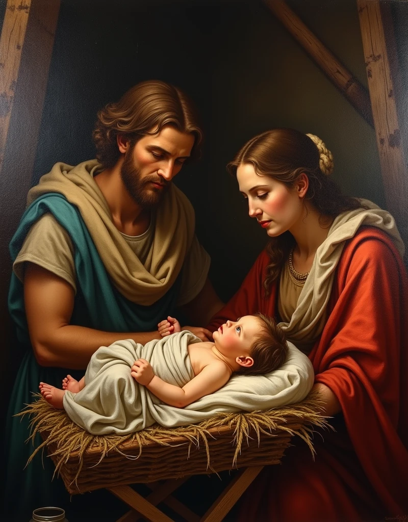 Uma pintura de uma cena de manjedoura com um menino Jesus e uma manjedoura, Com o Menino Jesus, Noite de Natal, foto de perfil, bible illustration, O Nascimento, Directed by: Laszlo Balogh, illustration », Directed by: Roman Bezpalkiv, Christian art, biblical image, 插圖, jesus of nazareth, pintura religiosa, Holy and beautiful, Holy, Family photo