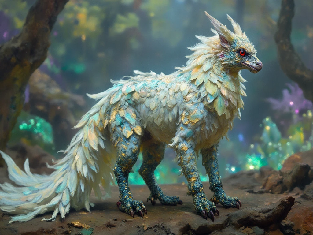 a photorealistic, cinematic image of a fantastical creature covered in flat, white feathers that shimmer with iridescent hues of blue and green. This majestic being has a long, flowing tail reminiscent of a pheasant's plumage, showcasing vibrant patterns of gold and emerald that catch the light. Its head resembles that of a dragon, featuring sharp, angular features, deep crimson eyes, and intricate, jewel-like scales that glisten in the sunlight. The creature's legs are claw-like, ending in sharp, obsidian talons that dig into the earth. The background should depict a lush, ethereal landscape with vibrant, bioluminescent flora and softly glowing crystals, creating a mystical atmosphere that enhances the otherworldly nature of this unique being. Include dramatic lighting to emphasize the creature's majestic presence and add depth to the scene.