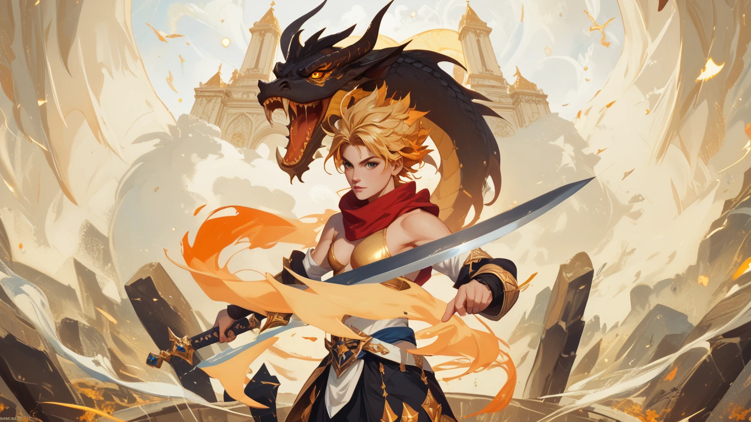 A warrior holding a large sword and a golden celestial dragon flying behind with 2D digital art style, fantasy theme, with a glorious scene.