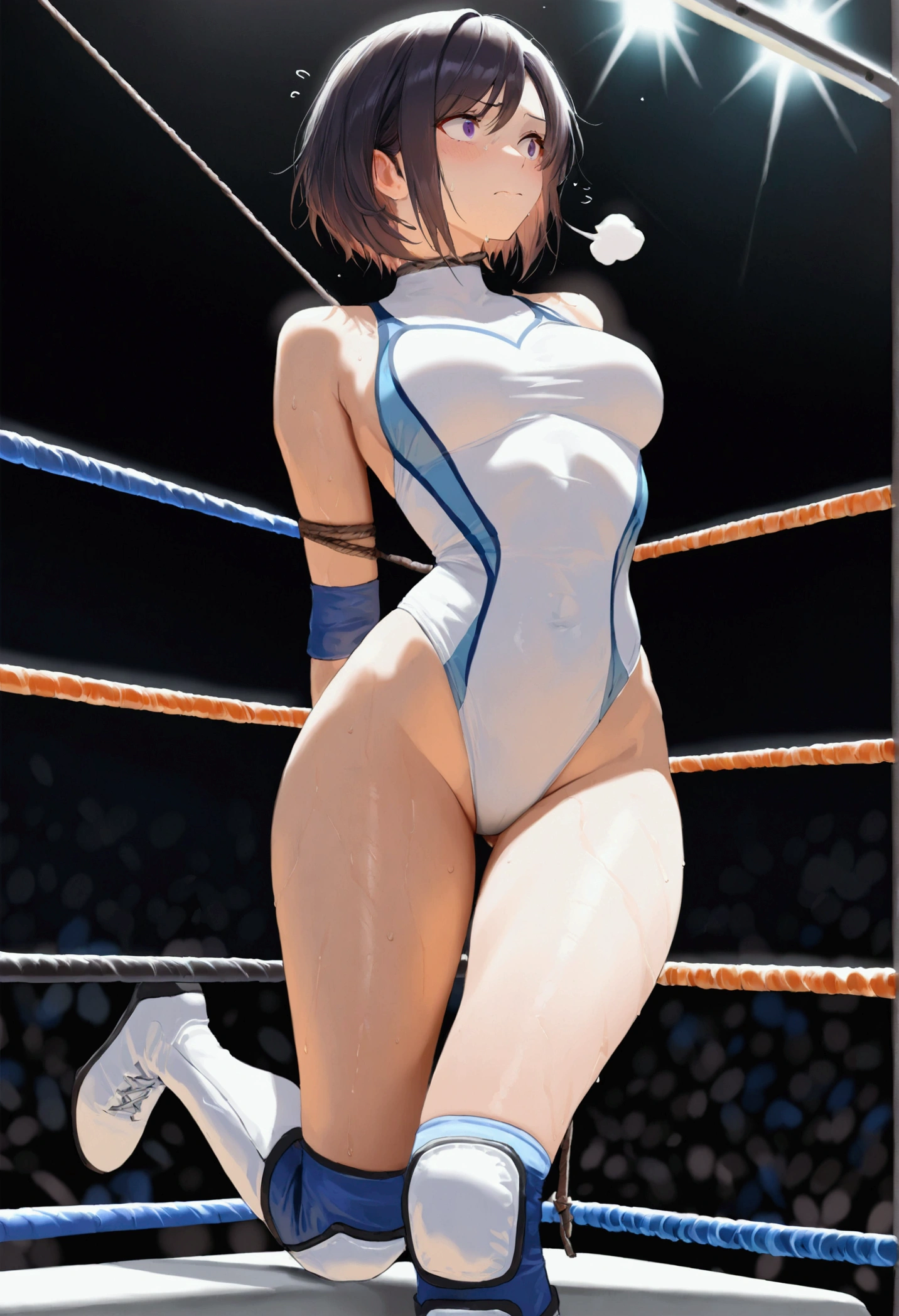 ((((masterpiece)))), (( unity 8k wallpaper, photorealistic , (( detailed face )), ((nsfw)), Female Pro Wrestler , one length,Pure white leotard,Elbow guard, leg protectors ,torture, The top tier of a rope strung on a pro wrestling ring, she straddles there is a rope under her crotch,A rope that cuts into her crotch,Stand and hang in the air,whimper,perfect anatomy