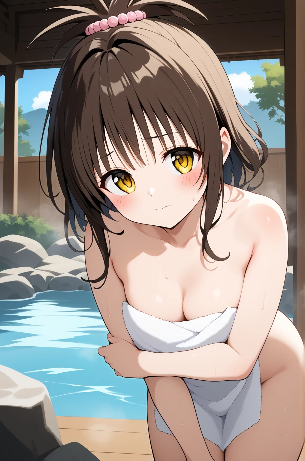 masterpiece,best quality,{{detailed beautiful face and eyes}}, 
Yuki Mikan,{{{megami magazine}}},middle hair,brown hair,hair ornament,hair bobbles,sidelocks,bangs,yellow eyes,flat chest,
((naked towel)),cleavage,
1girl,(is embarrassing,big blush,closed mouth,steam:1.0),
((leaning forward,breast hold:1.2)),
(onsen background:1.0),nsfw