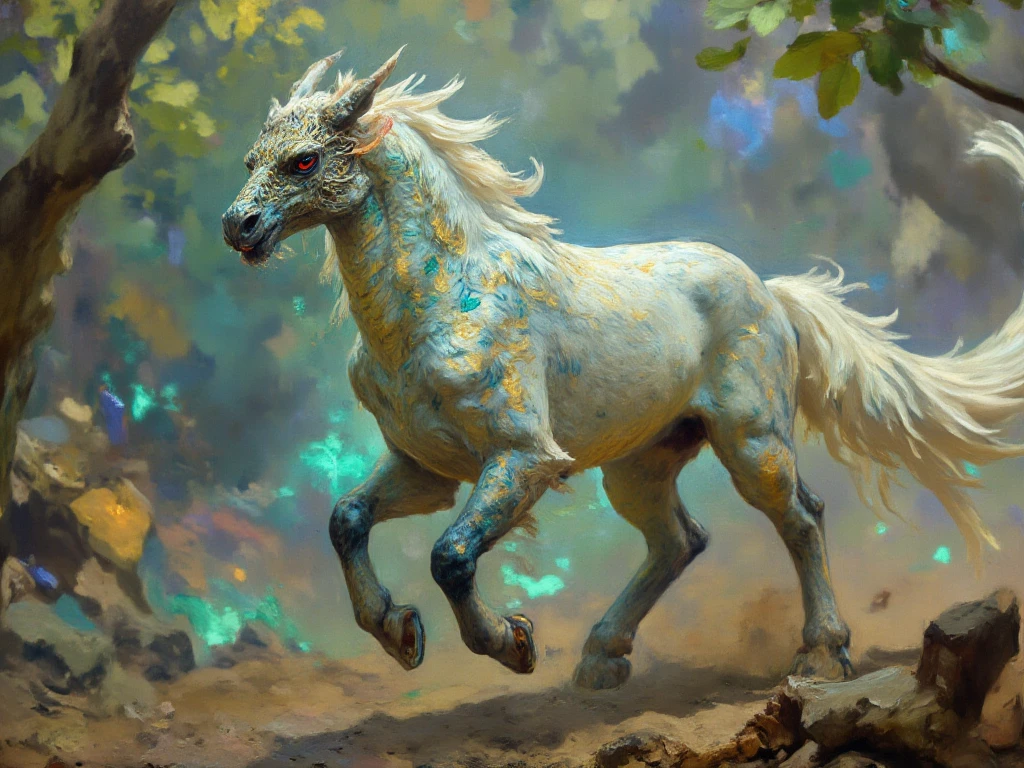 a photorealistic, cinematic image of a fantastical creature in a galloping pose, covered in flat, white feathers that shimmer with iridescent hues of blue and green. This majestic being has a long, flowing tail reminiscent of a pheasant's plumage, showcasing vibrant patterns of gold and emerald that catch the light as it moves. Its head resembles that of a dragon, featuring sharp, angular features, deep crimson eyes, and intricate, jewel-like scales that glisten in the sunlight. The creature's four legs are claw-like, ending in sharp, obsidian talons that kick up dust and foliage as it gallops through the scene. The background should depict a lush, ethereal landscape with vibrant, bioluminescent flora and softly glowing crystals, creating a mystical atmosphere that enhances the otherworldly nature of this unique being. Include dramatic lighting to emphasize the creature's majestic presence and add depth to the scene, capturing the dynamic motion of its gallop.