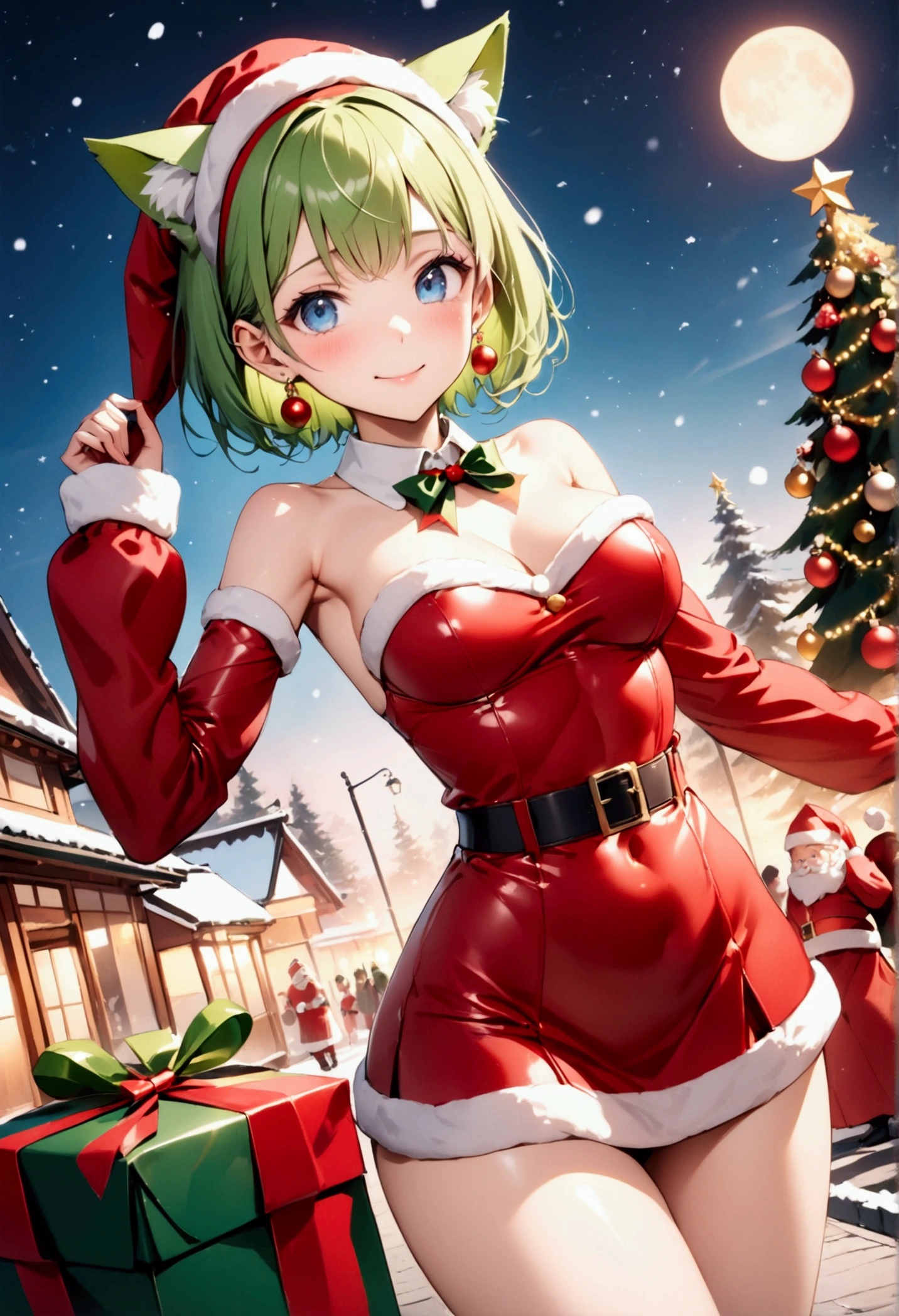 1girl,Alone,Inko Midoriya \(my hero academia\),my hero academia, green hair, milf,(Slim slender body),(inko midoriya young), Anko Midoriya,(Wearing), +,(Sexy clothes, Christmas style, with dress with very short skirt)