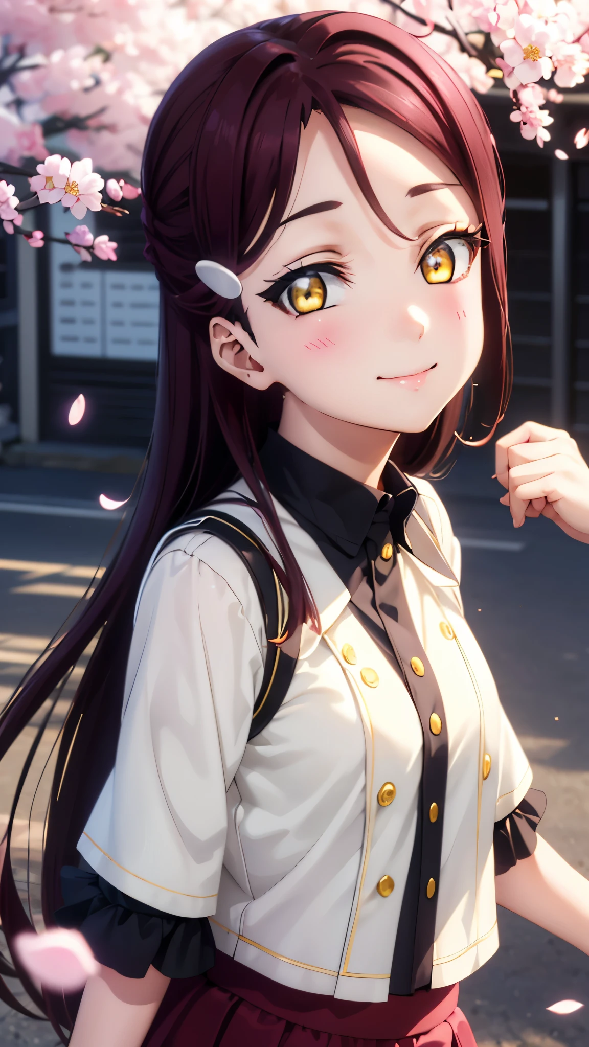 【 Rico Sakrouchi, Riko Sakurauchi, long hair, hair accessory as Kamui , ( yellow eyes:1.3), Red Hair, hair clip,
break skirt, break looking at viewer,
break (masterpiece:1.2), top quality , high res, unity 8k wallpaper, ( illustration:0.8), ( beautiful detailed eyes:1.6), Extremely Exquisite Face , perfect lighting, extremely detailed CG, (perfect hand, Perfect Anatomy), blush, seductive smile , ((クローズアップ)), 桜