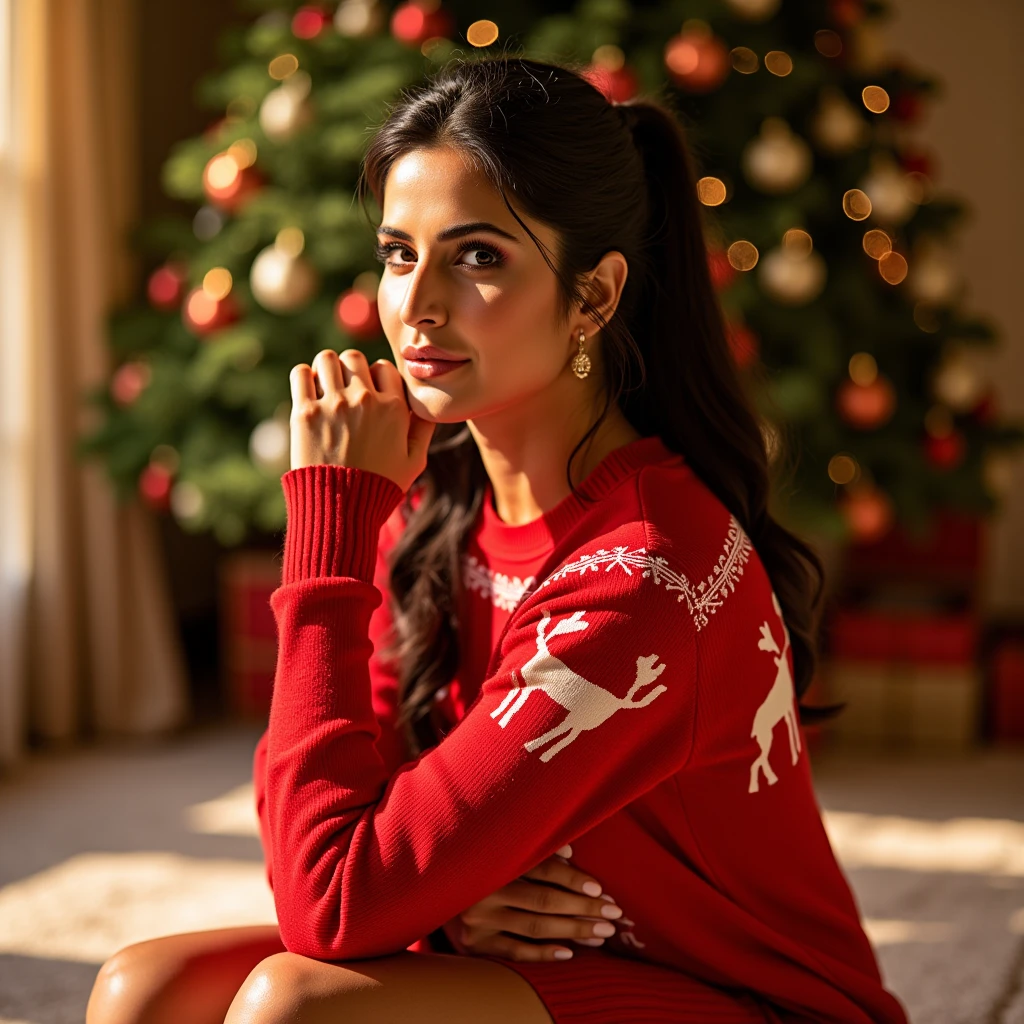 Katrina, now 45, with a complexion that still radiates with youthful allure, is caught in a seductive pose on the plush carpet of a luxurious Gurgaon apartment. The morning sun casts a golden glow over her, highlighting the curves of her body. She wears a daring, vibrant red Christmas sweater, but it's hitched up just enough to reveal a teasing glimpse of her ass cheek, contrasting sharply with the festive snowflakes and reindeer motifs. Her face, a canvas of mature beauty, displays a mix of mischief and inhibition; her cheeks are flushed, perhaps from the thrill of the moment or the cool air brushing against her skin. Her dark eyes, wide and inviting, seem to hold secrets of playful nights. A coy smile plays on her lips, suggesting an invitation to join in her little game. Her hands pause, hair half-tied, as if she's decided to let go of any pretense of modesty. Behind her, the apartment is bathed in warm sunlight, the festive decor, including a twinkling Christmas tree, creating an enchanting backdrop that seems to celebrate her bold, uninhibited spirit.