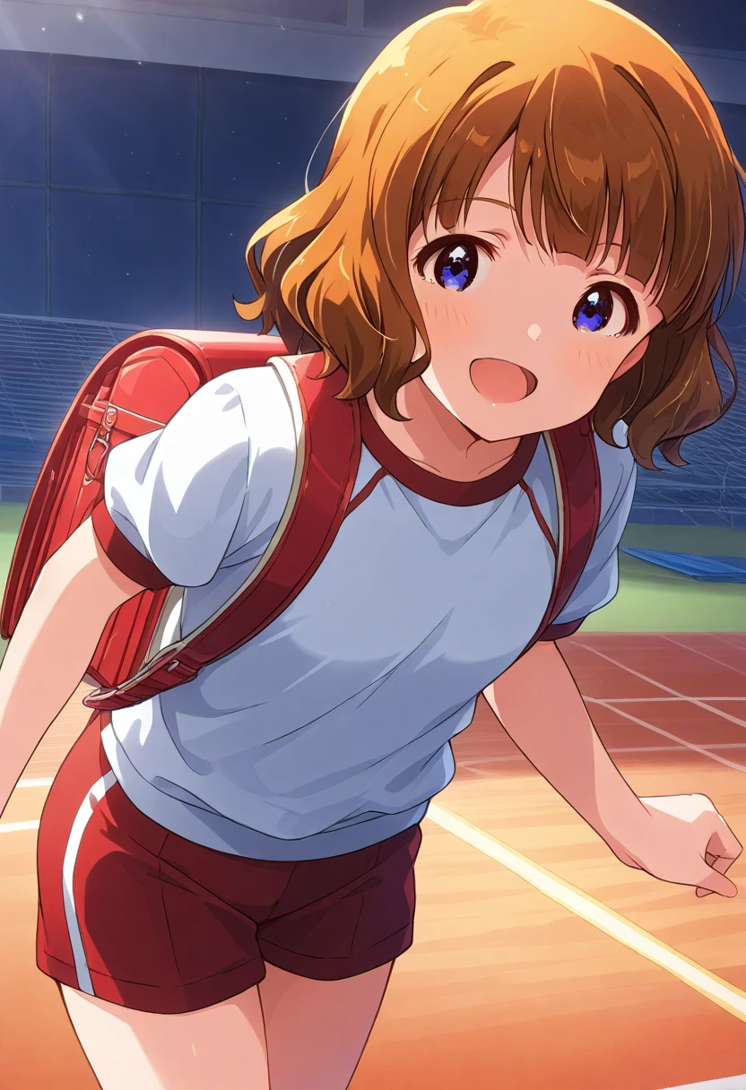  shot from the ground holding a board with both hands　 from the front　whole body　　 standing　 lower angle 　 looking at camera　１ girls　　Cute gym clothes　cute workout clothes 　Long sportswear 　Bloomers　青色のBloomers　bloomers　Bloomers:1.5　 gentle smile　 Angelic Smile　　　Momoko Suou 　Million Live　 top quality ,   Masterpiece ,  super high res,　  beautiful legs　Beautiful upper body
　Beautiful lower body　　
Two perfect legs　 Perfect Five Fingers Beautiful Eyes Detailed Eyes Detailed Face 