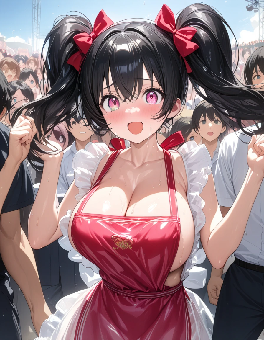 (masterpiece , best quality, ultra detailed, high resolution, 4k, 8k, extremely detailed, super fine illustration, beautiful shiny hair with detail down to the tips, beautiful eyes, expressive eyes, perfect face, perfect human anatomy, photorealistic background),
 crowded outdoor music festival spectator area, dense cheering audience, audience enthusiastic, (slightly frizzy hair, short cut, high twin tails up both sides, black hair) with like face A girl with round, big, droopy eyes, heterochromia, pink eye, orange eye, very huge breasts, height 145cm, age s, very pretty face, nice proportions like a gravure idol and model, slender big breasts, totally naked with her cleavage and side boobs fully visible. She is carrying juice on a tray to a spectator in the spectator area while crying in an erotic naked apron with only a short and small apron, spectators and audience around the girl
, (cowboy shot), her boobs are about to come out,
 her apron is transparent with sweat,
 (((men are surrounding the girl and looking excitedly at her))). (cowboy shot))))