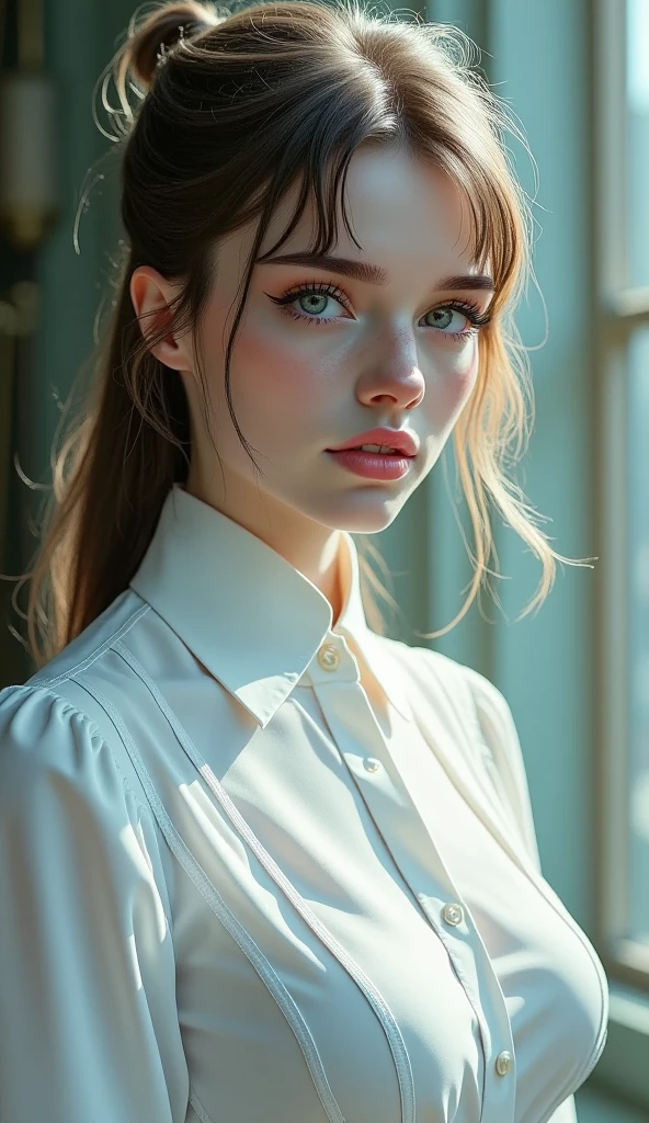 Create a blonde with blue eyes , with light brown hair, medium breasts and wearing a white , blouse fully buttoned at the front.