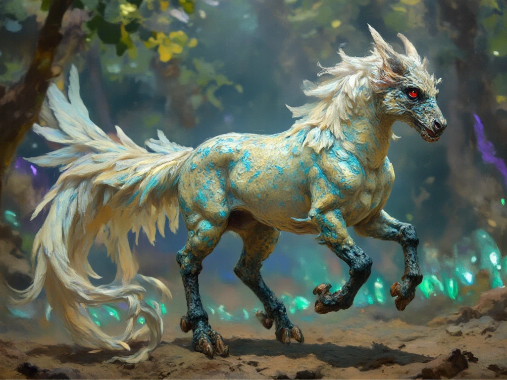 a photorealistic, cinematic image of a fantastical creature in a galloping pose, covered in flat, white feathers that shimmer with iridescent hues of blue and green. This majestic being has a long, flowing tail reminiscent of a pheasant's plumage, showcasing vibrant patterns of gold and emerald that catch the light as it moves. Its head resembles that of a dragon, featuring sharp, angular features, deep crimson eyes, and intricate, jewel-like scales that glisten in the sunlight. The creature's four legs are claw-like, ending in sharp, obsidian talons that kick up dust and foliage as it gallops through the scene. The background should depict a lush, ethereal landscape with vibrant, bioluminescent flora and softly glowing crystals, creating a mystical atmosphere that enhances the otherworldly nature of this unique being. Include dramatic lighting to emphasize the creature's majestic presence and add depth to the scene, capturing the dynamic motion of its gallop.