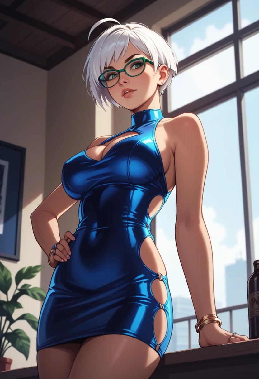 score_9, score_8_below, score_7_below, score_6_below, 8k,   highly detailed image  ,   realistic style,  masterpiece ,  very young,, absolutely perfect ,   tousled hair, MZ, ahoge,   short hair,  white hair,  green eyes,  red-rimmed glasses  ,   big, bright eyes , 16k,  masterpiece ,   realistic style, ,  thick legs  , perfect fingers, tomboy,   Big breasts  , pixie cut, circle-cups , bodycon,   bright blue dress  , microdress, ring, AniPnyXLQual