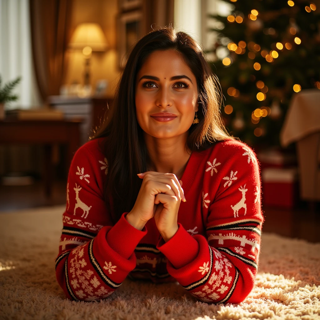 Katrina, now 45, slightly plump, with a complexion that still radiates with youthful allure, is caught in a seductive pose on the plush carpet of a luxurious Gurgaon apartment. The morning sun casts a golden glow over her, highlighting the curves of her body. She wears a daring, vibrant red Christmas sweater, but it's hitched up just enough to reveal a teasing glimpse of her ass cheek, contrasting sharply with the festive snowflakes and reindeer motifs. Her face, a canvas of mature beauty, displays a mix of mischief and inhibition; her cheeks are flushed, perhaps from the thrill of the moment or the cool air brushing against her skin. Her dark eyes, wide and inviting, seem to hold secrets of playful nights. A coy smile plays on her lips, suggesting an invitation to join in her little game. Her hands pause, hair half-tied, as if she's decided to let go of any pretense of modesty. Behind her, the apartment is bathed in warm sunlight, the festive decor, including a twinkling Christmas tree, creating an enchanting backdrop that seems to celebrate her bold, uninhibited spirit.