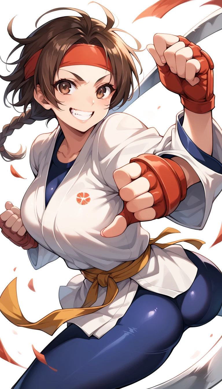 score_9, score_8_ up, score_7_ up, break, score_9, Yasakazaki ,  happy , teeth, smile, Brown Hair,  brown eyes,  single blade , Uniform,  spandex ,  headband , fingerless gloves, Front View, teeth, from behind, Martial arts attitude