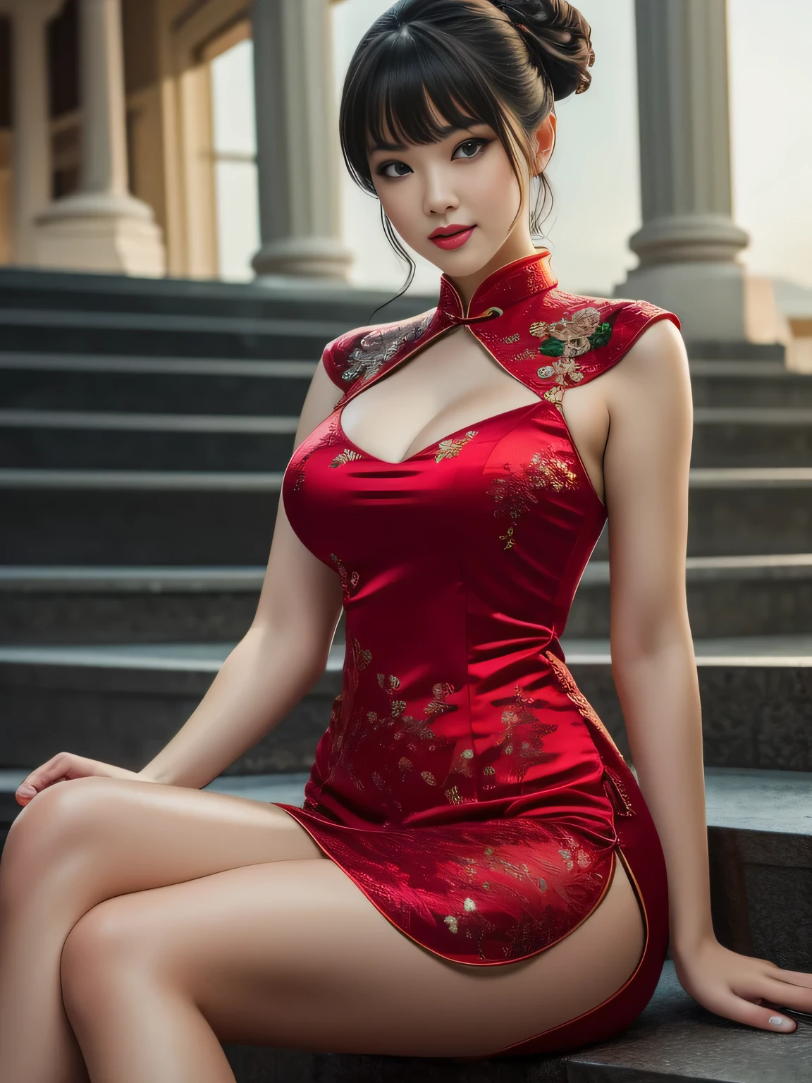 (masterpiece,highest quality,超A high resolution),Japanese women, (((Very beautiful 25 year old girl))), pretty girl、Look at the photographer、 (()), Very cute face, Glossy lips, Double eyelids on both eyes,Natural smile、 Natural Makeup, Long eyelashes, Shiny and smooth hair、Center image, (Perfect limbs, Perfect Anatomy),(((Shiny Chinese Dress)))、((garter belt)),Wet with sweat,Shot to the knee,