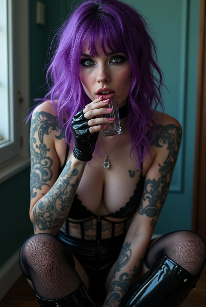a girl with purple hair, white skin and green eyes cyberpunk style, semi naked, with well-defined and realistic pink nipples, that this body is, that has suicide girl style tattoos, full body lying on the bed, the bed that has a black bedding, that has a sexy touch and with one arm covering her breasts and with the other hand a finger touching her lips, as if inviting you to lie down with her and she is biting her lips, that the lips are black, large breasts and reminds of the proportions of the body in general