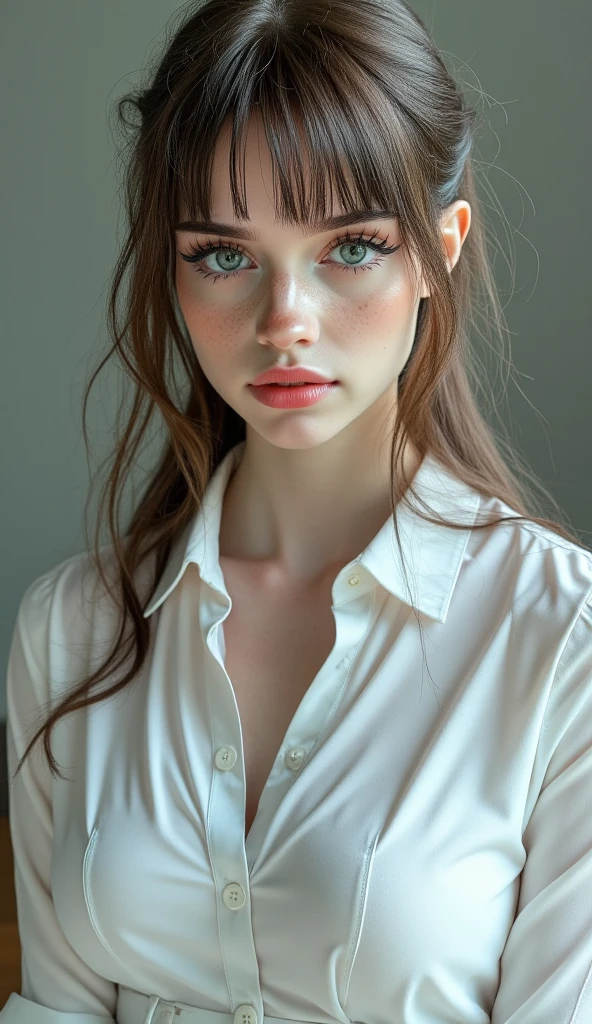 Create a blonde with blue eyes , with light brown hair, medium breasts and wearing a white , blouse fully buttoned at the front.