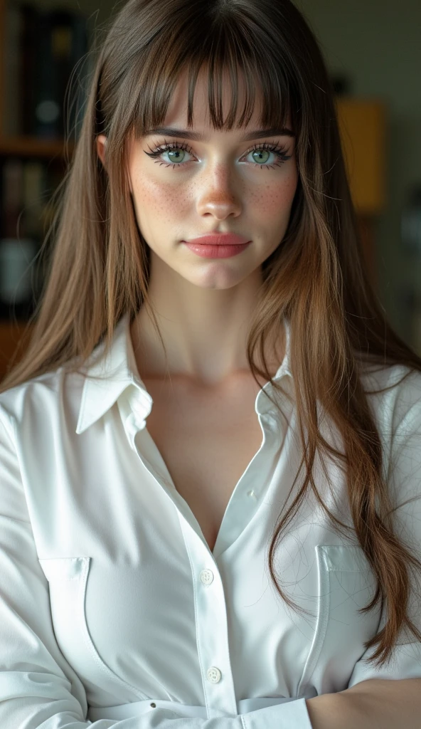 Create a blonde with blue eyes , with light brown hair, medium breasts and wearing a white , blouse fully buttoned at the front.