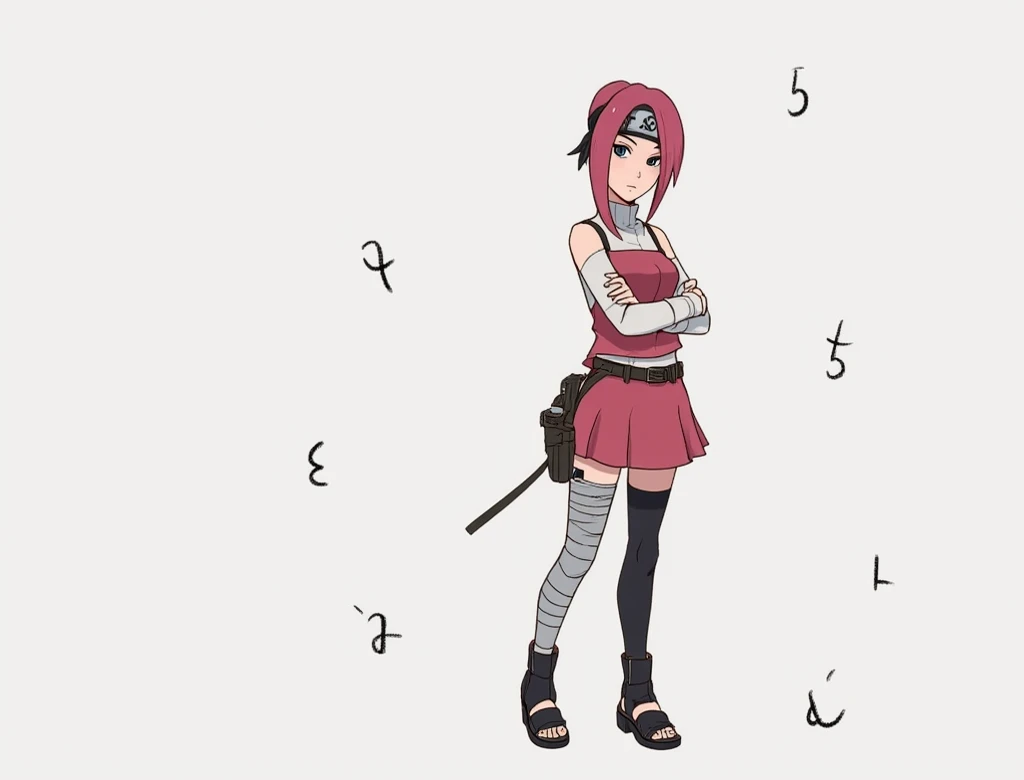 woman wearing her red or pink hair and distinctive ninja attire. Here are some key details about her appearance in the image:

1. **Hair and Headband**: has long, pink hair tied in a ponytail. She is wearing a headband with a leaf symbol on it, which is characteristic of the Hidden Leaf Village (Konoha) ninjas.

2. **Outfit**: She is wearing a sleeveless red vest over a white shirt, which leaves her arms exposed. Her skirt is pink, matching her hair color, and she has a black belt with a pouch attached to it.

3. **Leg Attire**:  wearing black knee-high socks and grey leg warmers on her thighs. Her black ninja sandals complete her footwear.

4. **Accessories**: She has bandages wrapped around her thighs, which are often associated with ninja attire in the series. Additionally, a pouch is attached to her belt, likely containing various ninja tools and equipment.

5. **Pose**:is in a dynamic pose with her arms crossed in front of her, possibly in a defensive or ready stance, indicative of her training and combat readiness.

