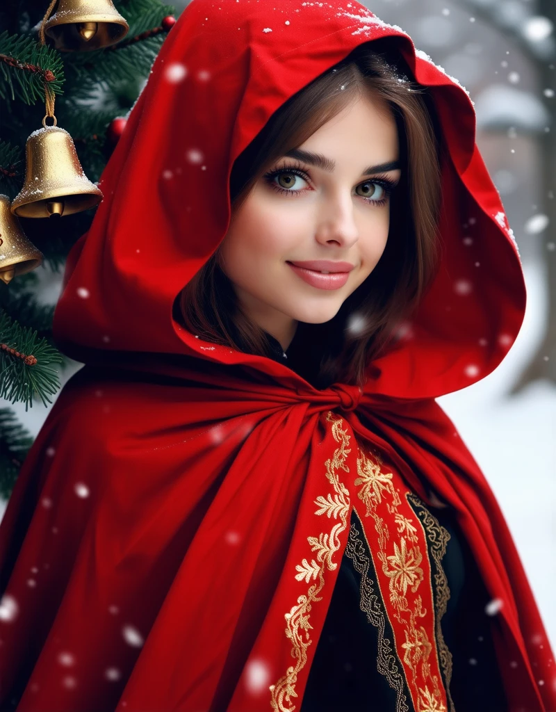 Beautiful girl in holiday classic red Christmas hooded cloak, golden bells hanging from a Christmas tree, beautiful detailed face, beautiful detailed lips, extremely detailed hair, , long eyelashes, intricate embroidered patterns on the cloak, glowing golden accents, moody atmosphere, fantasy art, rich colors, vibrant painting