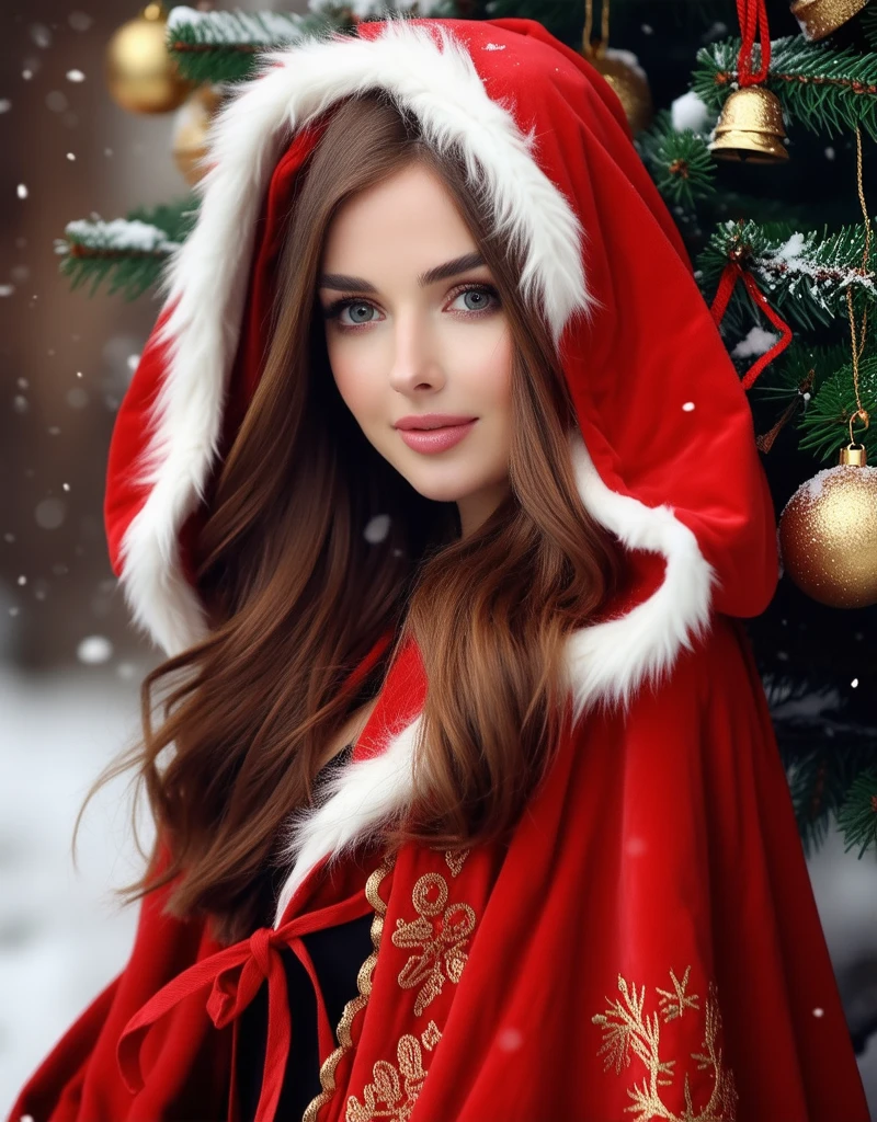 Beautiful girl in holiday classic red Christmas hooded cloak, golden bells hanging from a Christmas tree, beautiful detailed face, beautiful detailed lips, extremely detailed hair, , long eyelashes, intricate embroidered patterns on the cloak, glowing golden accents, moody atmosphere, fantasy art, rich colors, vibrant painting