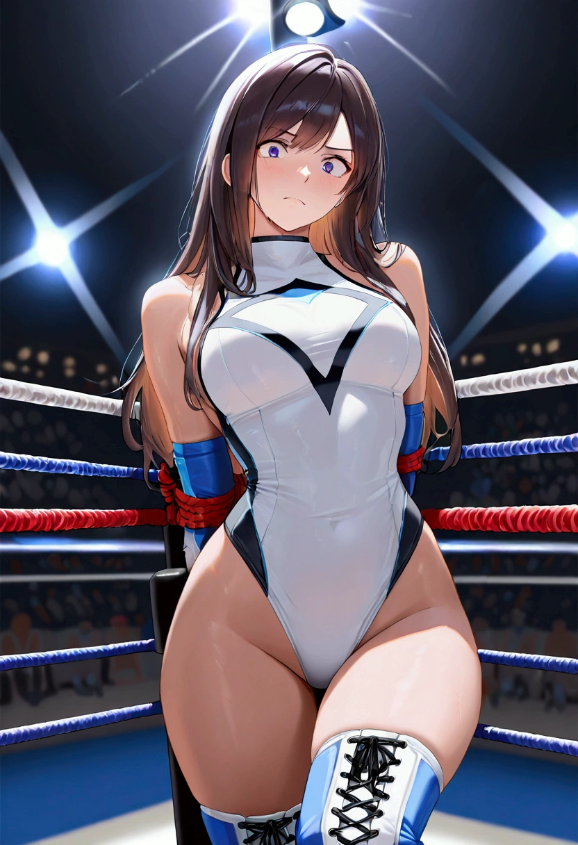 ((((masterpiece)))), (( unity 8k wallpaper, photorealistic , (( detailed face )), ((nsfw)), Female Pro Wrestler , one length,Pure white leotard,Elbow guard, leg protectors ,torture, The top tier of a rope strung on a pro wrestling ring, she straddles there is a rope under her crotch,A rope that cuts into her crotch,Stand and hang in the air,whimper,perfect anatomy