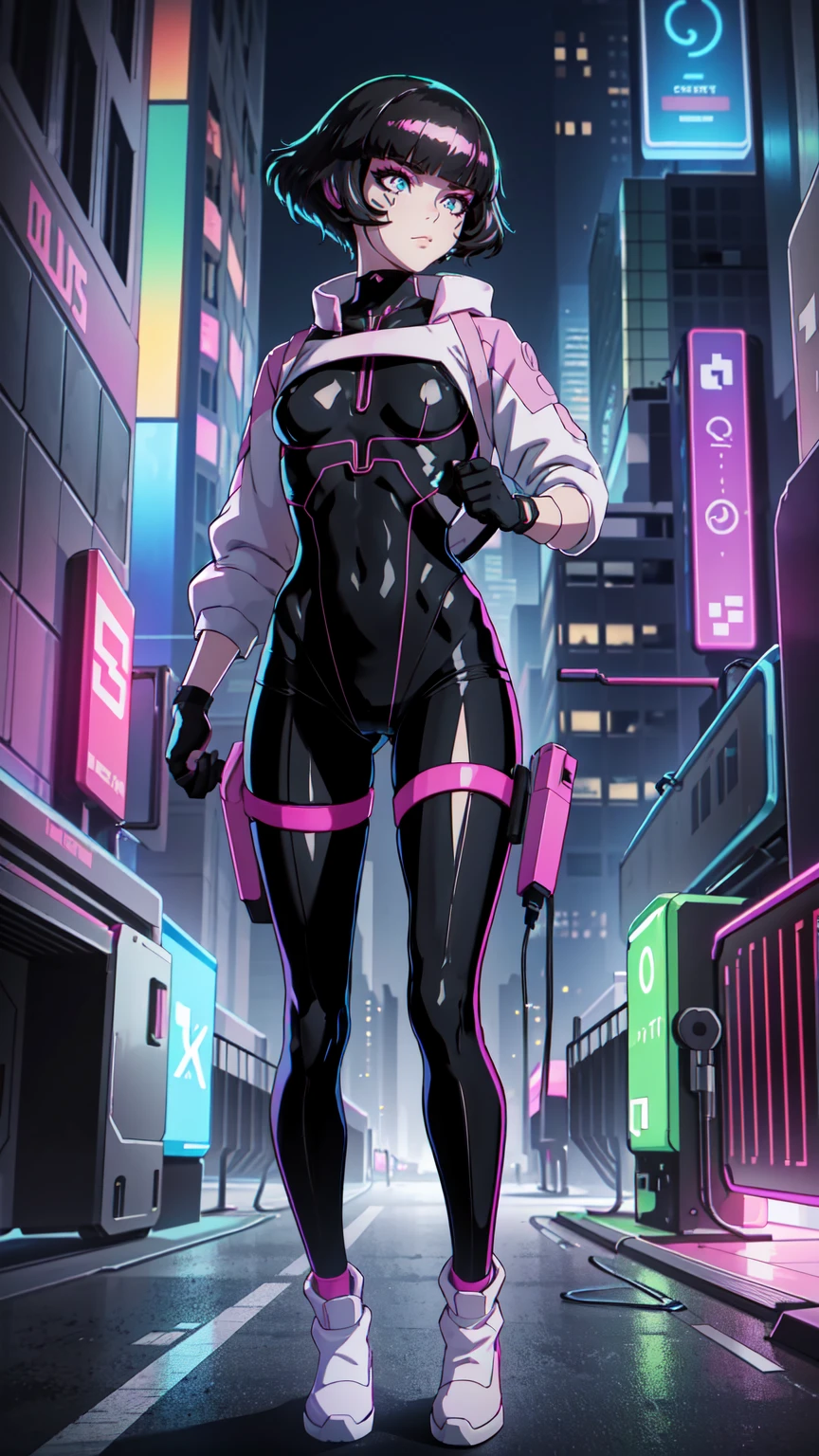 Create an illustration of Sasha from Cyberpunk: Edgerunners. She is a young netrunner with a slender and agile physique, reflecting her hacker lifestyle. Her hair is short, (black hair), messy, and brightly colored, often with neon highlights like electric blue or vibrant pink. Her eyes have a sharp, tech-enhanced glow, hinting at cybernetic implants. Sasha wears a sleek, tactical bodysuit designed for mobility and stealth, primarily in shades of black and dark gray, accented with neon lines that pulse softly with her netrunning activity. She also sports a high-tech visor or goggles over her eyes, loaded with digital HUD displays. Her gloves are fingerless, exposing cybernetic fingertips perfect for interfacing with technology. Completing her look are combat boots and a utility belt filled with small hacking tools and gadgets. The overall vibe is a mix of futuristic hacker aesthetic and street-smart edge, blending style and functionality. Walking, with pink shoes