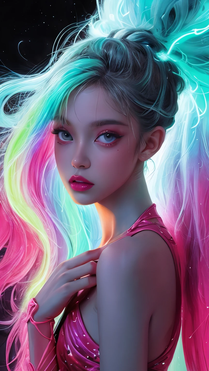 (fluorescent colors:1.4),(translucent:1.4),(retro filters:1.4), (fantasy:1.4), candy world Disney land ethereal soft fluffy soft landscape forest snowavatar Pastel pink sky green blue sparkle ethereal light pastel whimsical light rainbow stars diamonds sparkle gemstone background hyper realistic Ultra quality cinematic lighting immense detail Full hd painting Well lit,diagonal bangs, , collared dress,on side, masterpiece, best quality,realskin,(portrait:1.5), 1girl, blunt bangs, long hair