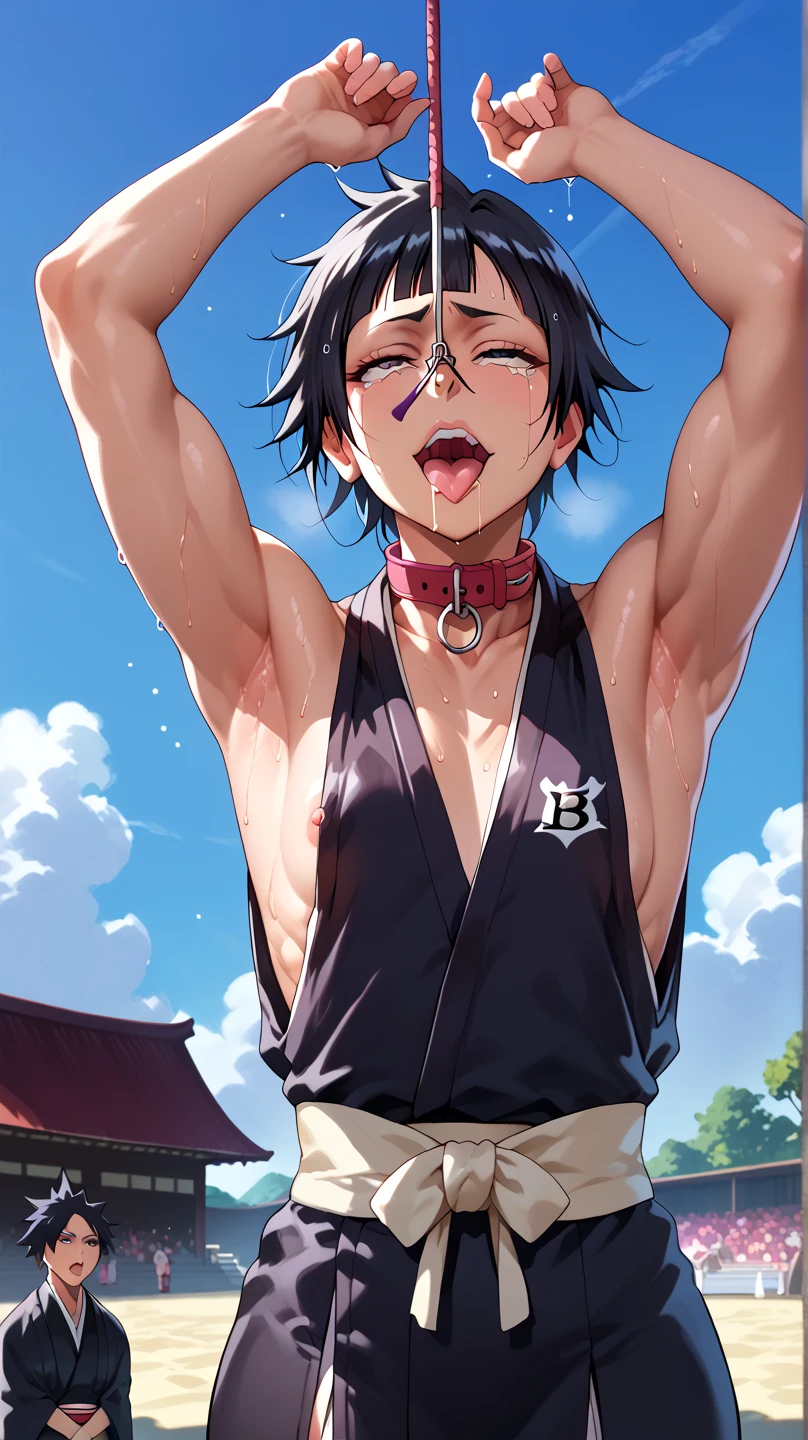 a picture, inspired by Kentaro Miura, trending on pixiv, soifon from bleach, black uniform, favorite scene, fine details, skins, sweating, small breasts, both hands raised, armpits, (small head),armpits visible, dripping with sweat, more more sweat, ((Japanese clothes)),open mouth,rolling eyes,muscle,kneel down,open legs,For the audience, (muscle:1.2),Looking at the audience, tired, (small breasts),sexy body,perfect body,(drooling), tears, head wet, runny nose, black hair, (dog collar) ,transparent nose hook, tentacle in mouth. 