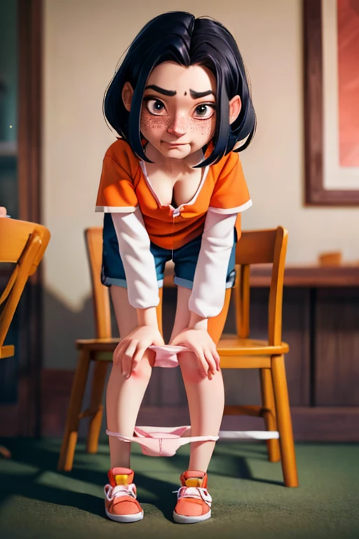 jadechan, short black hair, Brown eyes, orange sweatshirt, short sleeves, white long sleeves, sneakers, blue pants, I look at the viewer, 
Full body shot, standing, inside a Chinese restaurant, Soft lighting, high quality, masterpiece, shy, 

(((STANDING))), (((pants pulled down))), (((pants around legs))), 
 (((lesbian))), (((only girls))), 
(((masterpiece, HD, high res))), (((beautiful render art))), (((intricate details))), (beautiful hands), (((detailed shading))), 
(((looking at the viewer))), (((fully clothed))), (((full body))), (((against a CHAIR))), (resting her back on CHAIR), 
((leaning slightly forward)), 
(((pulling down her panties))), (((panties down))), (((pose panty pull))), (((sticking hand down her panties))), 
(((she is pulling down her panties))), ((panties at thigh level)), (((panties between her thighs))),  
((showing vagina)), ((naked crotch)), ((Crotch show off)), ((bare crotch)), 
(((Embarrassed))), ((shy)), (((out of breath))), (((TIRED expression))), ((WORRIED expression)), 
((seductive BREAK high-angle view)), ((cleavage)), (((SMALL breasts))), 
(((looking at viewer))), (((detailed eyes))), (((detailed face))), (((detailed mouth))),  
(((FRECKLES ALL OVER THE BODY))), ((SHINY SKIN)),