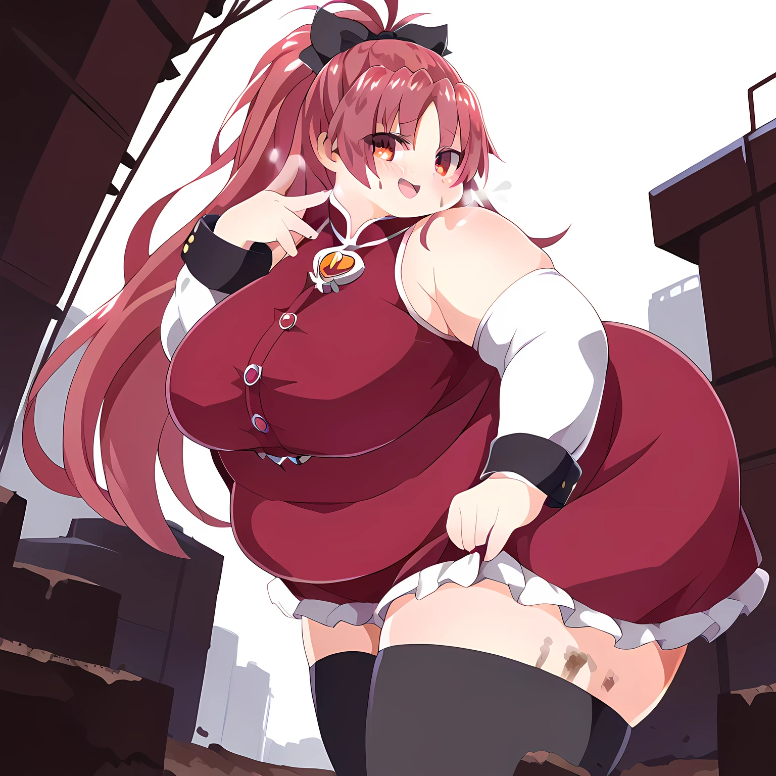 score_9, score_8_up, score_7_up, source_anime, kyouko sakura, long hair, red eyes, ponytail, hair bow, red hair,, thighhighs, bare shoulders, detached sleeves, black thighhighs, magical girl,, construction site, machines, workers, progress, dirt, smile, akanbe, eyelid pull, finger to eye, tongue out, :p, tongue, ;p, blush, leaning forward, bent over, from side,, looking at viewer, solo,, dutch angle, cowboy shot fat, chubby, obese, gigantic arms and legs, large breasts open mouth, out of breath