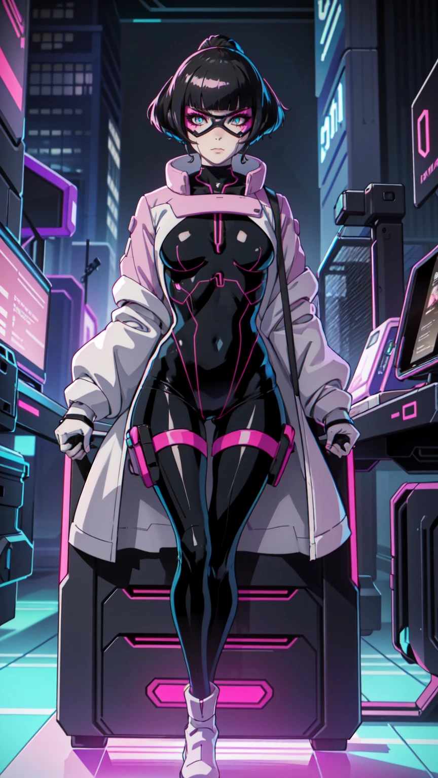 Create an illustration of Sasha from Cyberpunk: Edgerunners. She is a young netrunner with a slender and agile physique, reflecting her hacker lifestyle. Her hair is short, (black hair), messy, and brightly colored, often with neon highlights like electric blue or vibrant pink. Her eyes have a sharp, tech-enhanced glow, hinting at cybernetic implants. Sasha wears a sleek, tactical bodysuit designed for mobility and stealth, primarily in shades of black and dark gray, accented with neon lines that pulse softly with her netrunning activity. She also sports a high-tech visor or goggles over her eyes, loaded with digital HUD displays. Her gloves are fingerless, exposing cybernetic fingertips perfect for interfacing with technology. Completing her look are combat boots and a utility belt filled with small hacking tools and gadgets. The overall vibe is a mix of futuristic hacker aesthetic and street-smart edge, blending style and functionality. sitting, with pink shoes