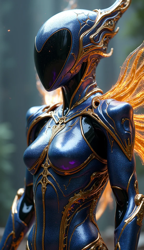 a woman with horns and a large headpiece in a futuristic setting with a yellow background and a red light, 1girl, armor, facing viewer, horns, jewelry, long hair, orange background, shoulder armor, solo, upper body