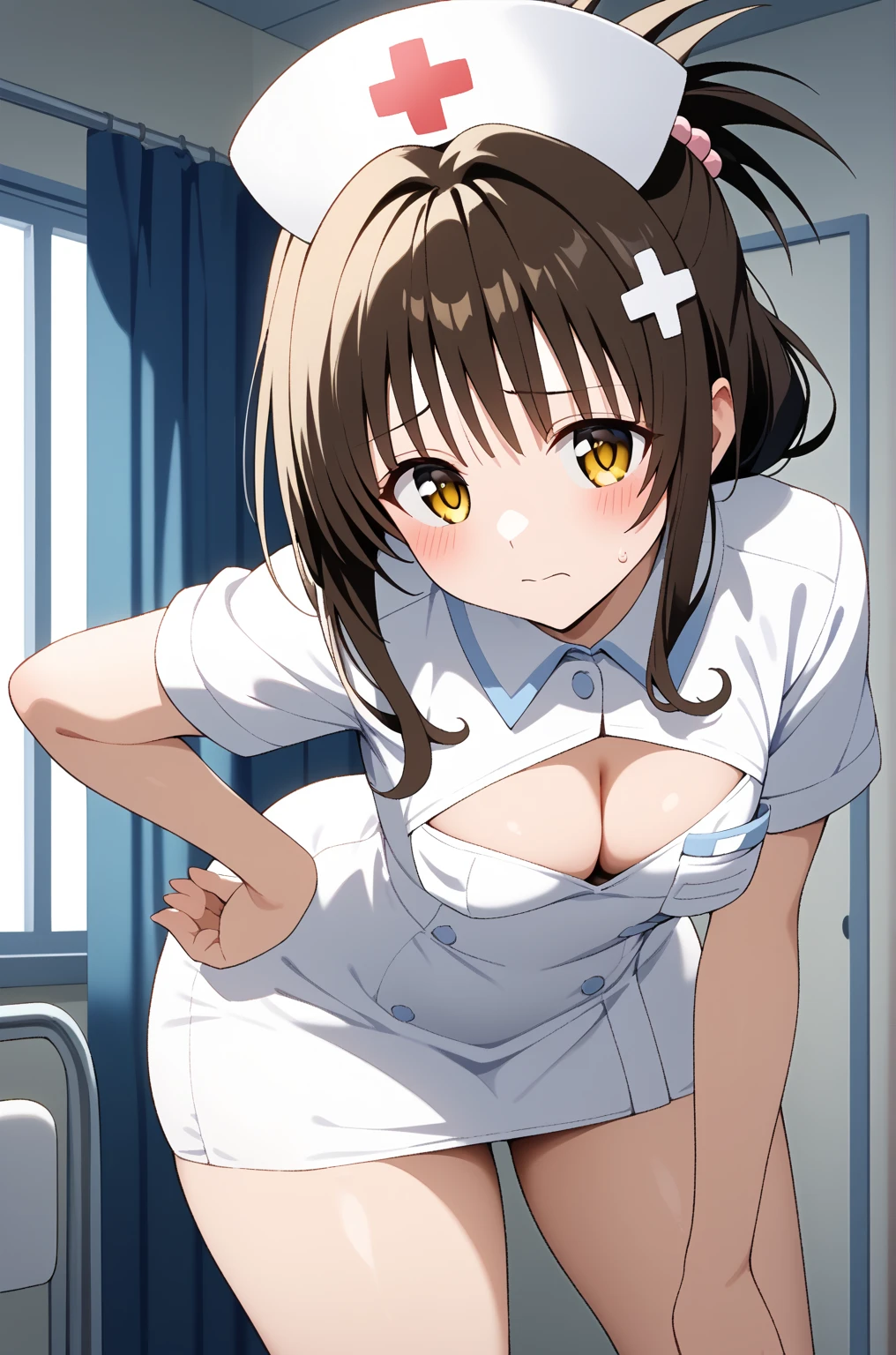 masterpiece,best quality,{{detailed beautiful face and eyes}}, 
Yuki Mikan,{{{megami magazine}}},middle hair,brown hair,hair ornament,hair bobbles,sidelocks,bangs,yellow eyes,flat chest,
((nurse,cleavage cutout,nurse cap,breast pocket,collared dress,short dress,short sleeves,thighs,white dress,white headwear)),
1girl,(is embarrassing,big blush,closed mouth:1.0),
((leaning forward,hand on hip:1.2)),
(hospital room:1.0),clothed