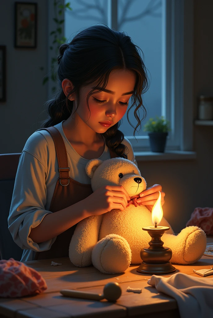 an eerie stuffed teddy bear, teddy bear wearing halloween costume, girl looking like pretty alien holding and smiling at teddy bear, halloween decorations in the room, highly detailed, 8k, photorealistic, cinematic lighting, warm tones, vibrant colors, masterpiece, intricate details, spooky, unsettling, atmospheric, moody, horror, fantasy, surreal