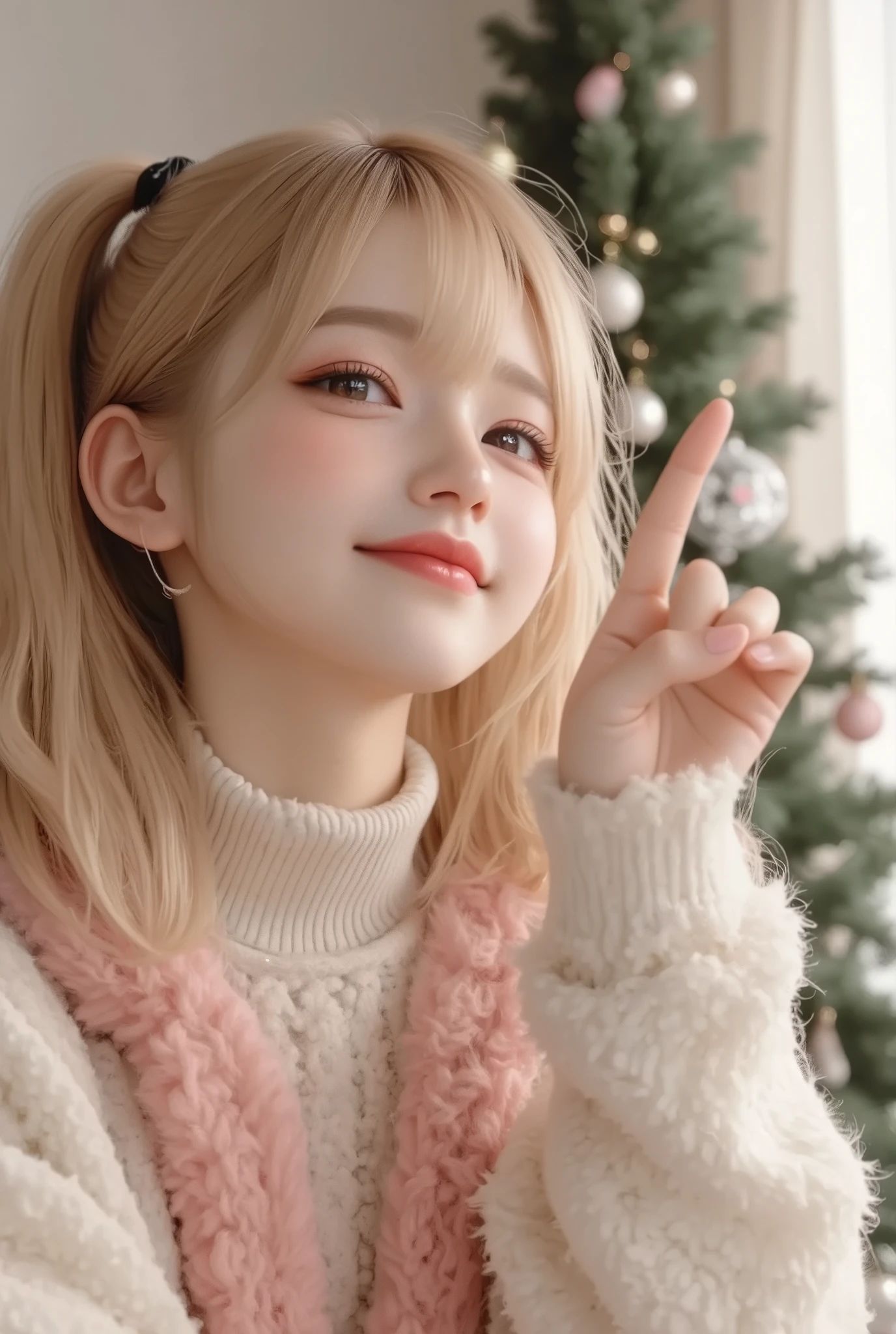 She is a beautiful girl\(long blonde hair with pink tips,twin tail, playful pose, winking and smiling, hand making a V-sign near her eye,smile that makes everyone happy\), solo, she is in a stylish and modern living room. There is a tall Christmas tree decorated with glittering ornaments in the living room. She is about to take a picture with the front camera of her smartphone,smartphone model is iphone15 pro,She is wearing a fluffy off-white sweater, The back of the smartphone has cute Chibi-anime-girl-face illustration printed, the Chibi-anime-girl-face\(white medium wavy hair,soft curls hair, detailed hair texture, large rabbit ears white and soft pink inner ear,relaxed and calm expression, eyes closed\),,soft lighting to highlight hair and ear details\), masterpiece, best quality, 8k, highres, ultra-detailed, (realistic:1.37), (photorealistic:1.37), with the Christmas tree in the background.(parfect hand)