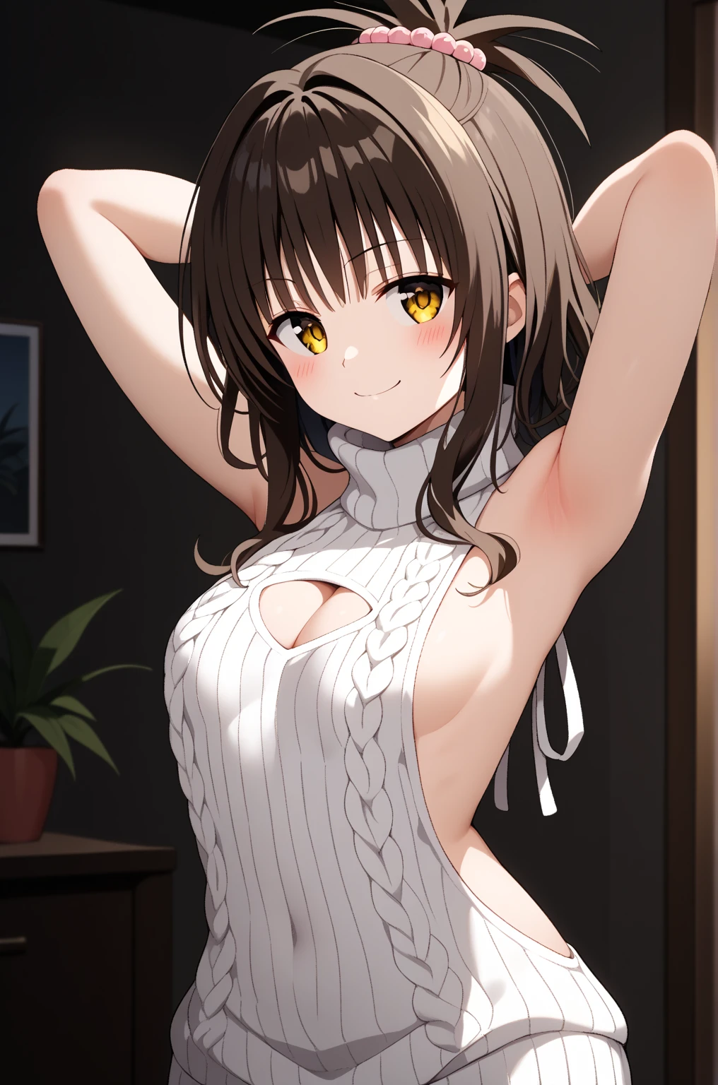 masterpiece,best quality,{{detailed beautiful face and eyes}}, 
Yuki Mikan,{{{megami magazine}}},middle hair,brown hair,hair ornament,hair bobbles,sidelocks,bangs,yellow eyes,flat chest,
((virgin killer sweater, (sweater dress:1.2), ribbed sweater,sideboob,cleavage cutout, turtleneck sweater,(white sweater:1.3),(crop top navel,:0.7) )),
1girl,(is smirk,blush:1.0),
((looking back,cowboy shot,looking at viewer,arms behind head:1.2)),
(living room background:1.0),clothed